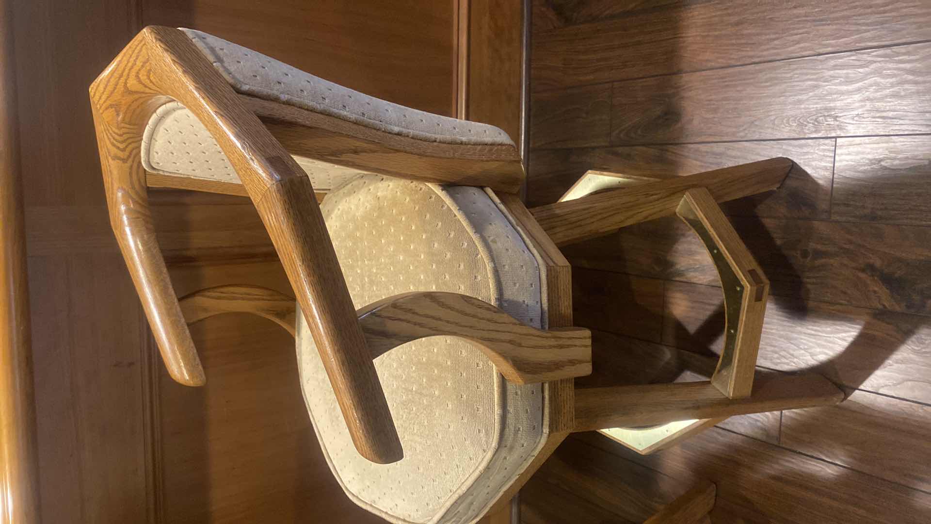 Photo 1 of 2-OAK WOOD BAR STOOLS WITH UPHOLSTERY SEATS, SEAT HEIGHT 29 1/2”, OVERALL HEIGHT 40”