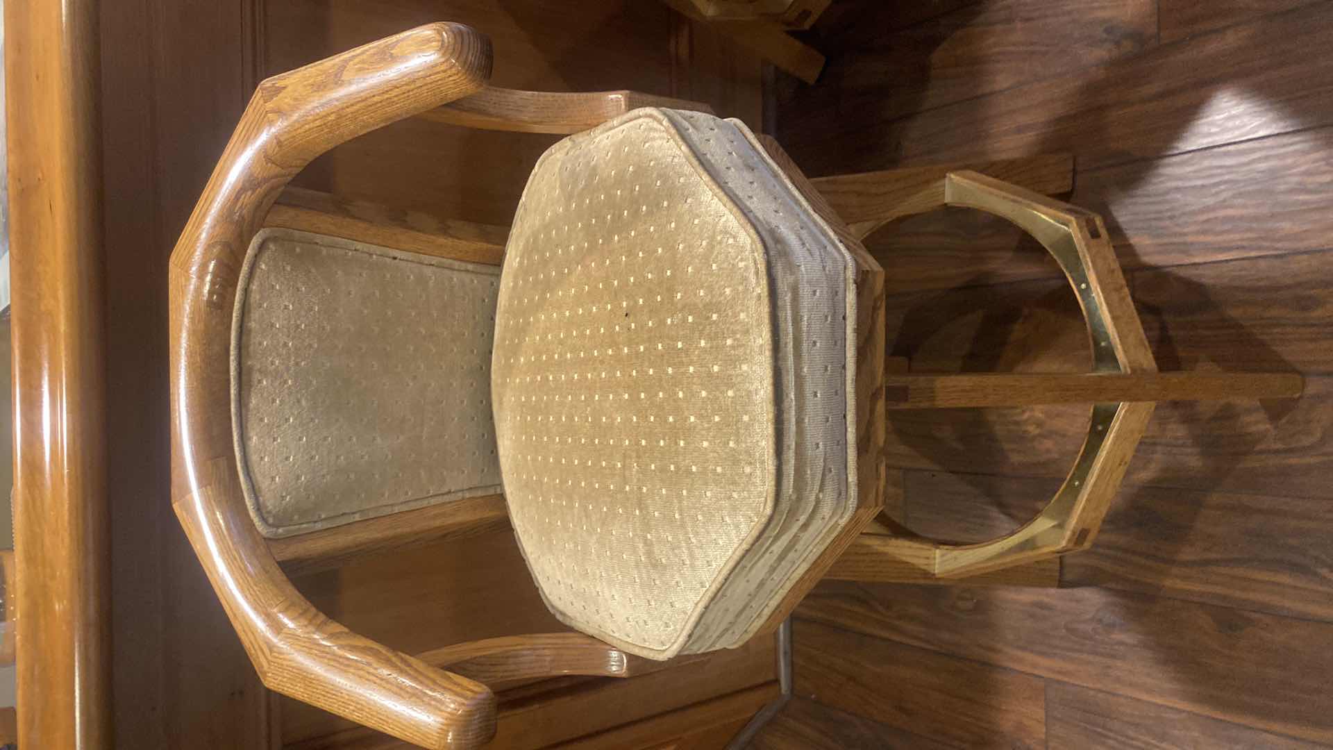 Photo 1 of 2-OAK WOOD BAR STOOLS WITH UPHOLSTERY SEATS, SEAT HEIGHT 29 1/2”, OVERALL HEIGHT 40”