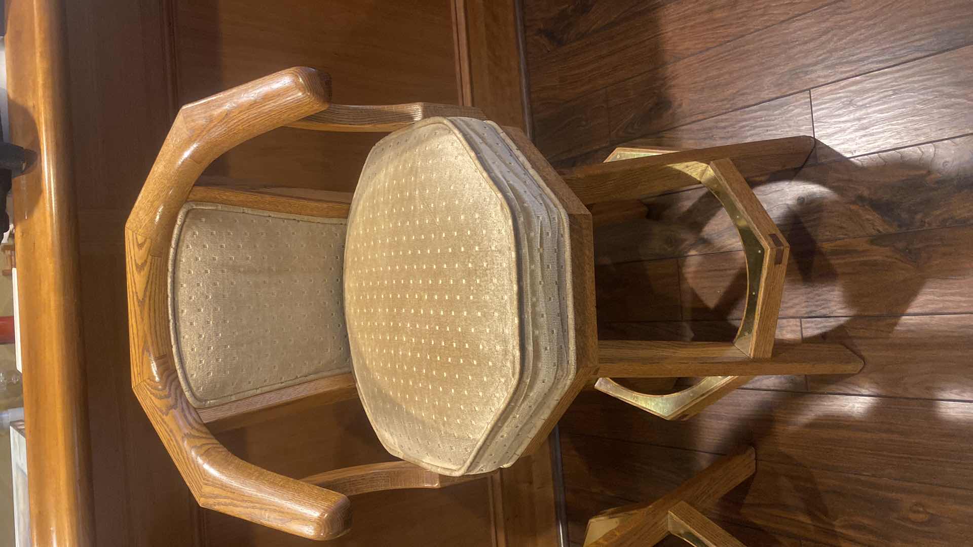 Photo 1 of 2-OAK WOOD BAR STOOLS WITH UPHOLSTERY SEATS, SEAT HEIGHT 29 1/2”, OVERALL HEIGHT 40”