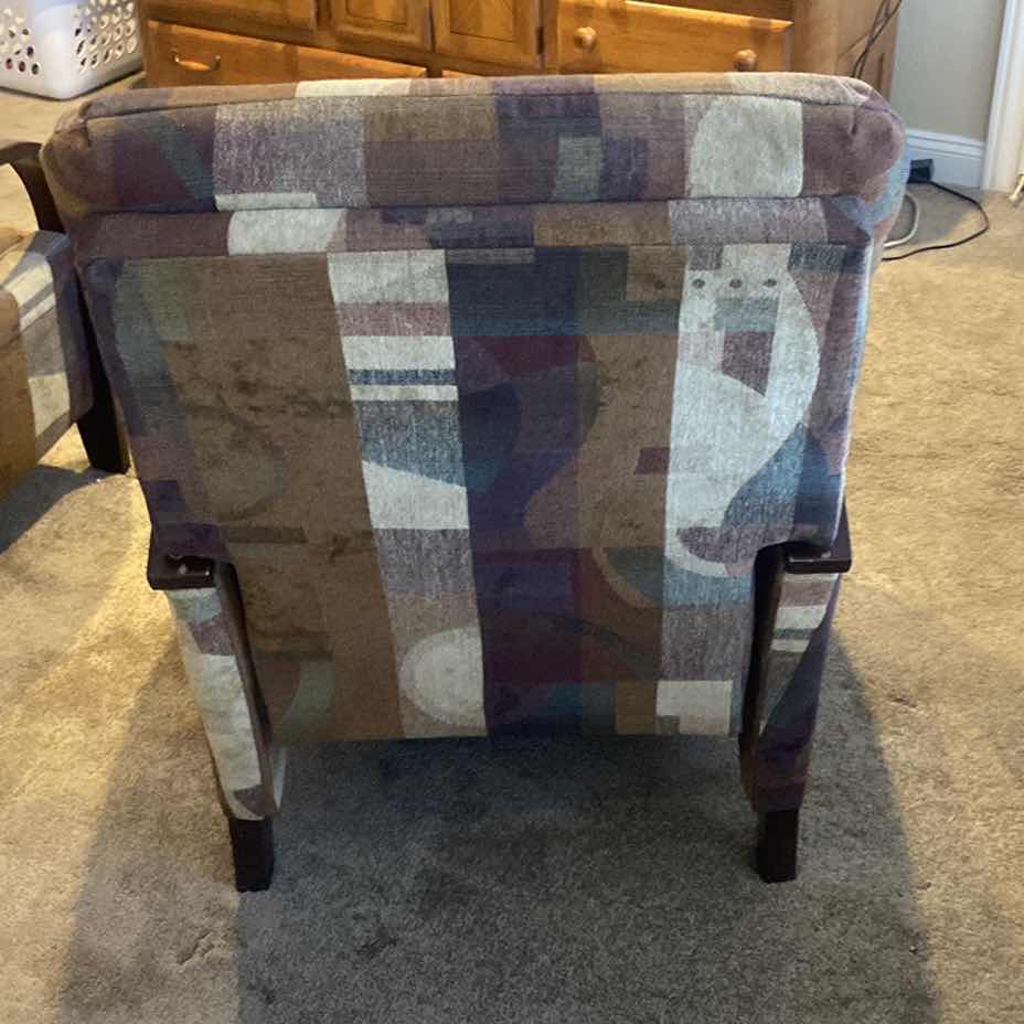 Photo 1 of LANE FURNITURE ABSTRACT FABRIC RECLINER WITH WOOD ARMS (two available each sold separately)