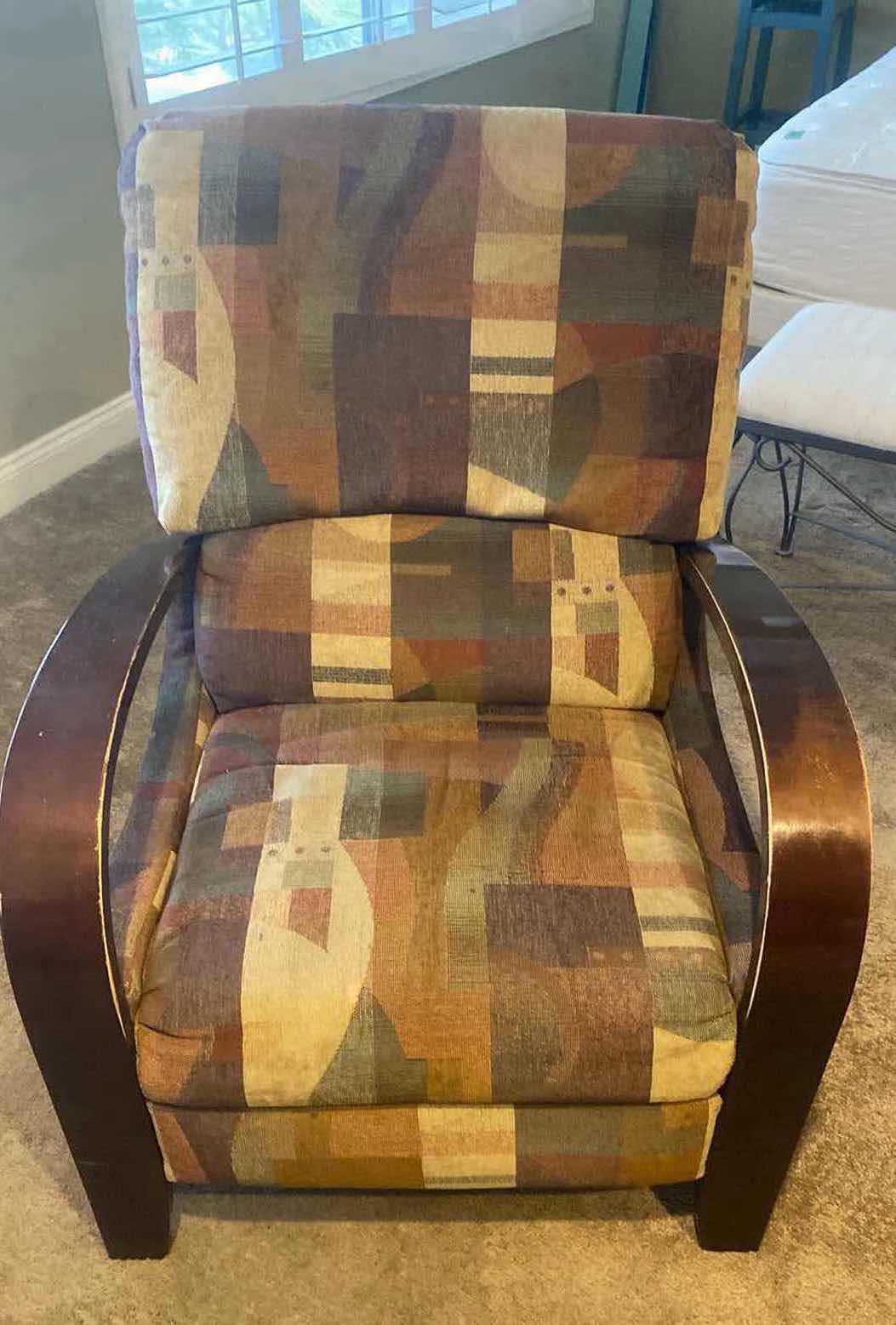 Photo 1 of LANE FURNITURE ABSTRACT FABRIC RECLINER WITH WOOD ARMS (two available each sold separately)