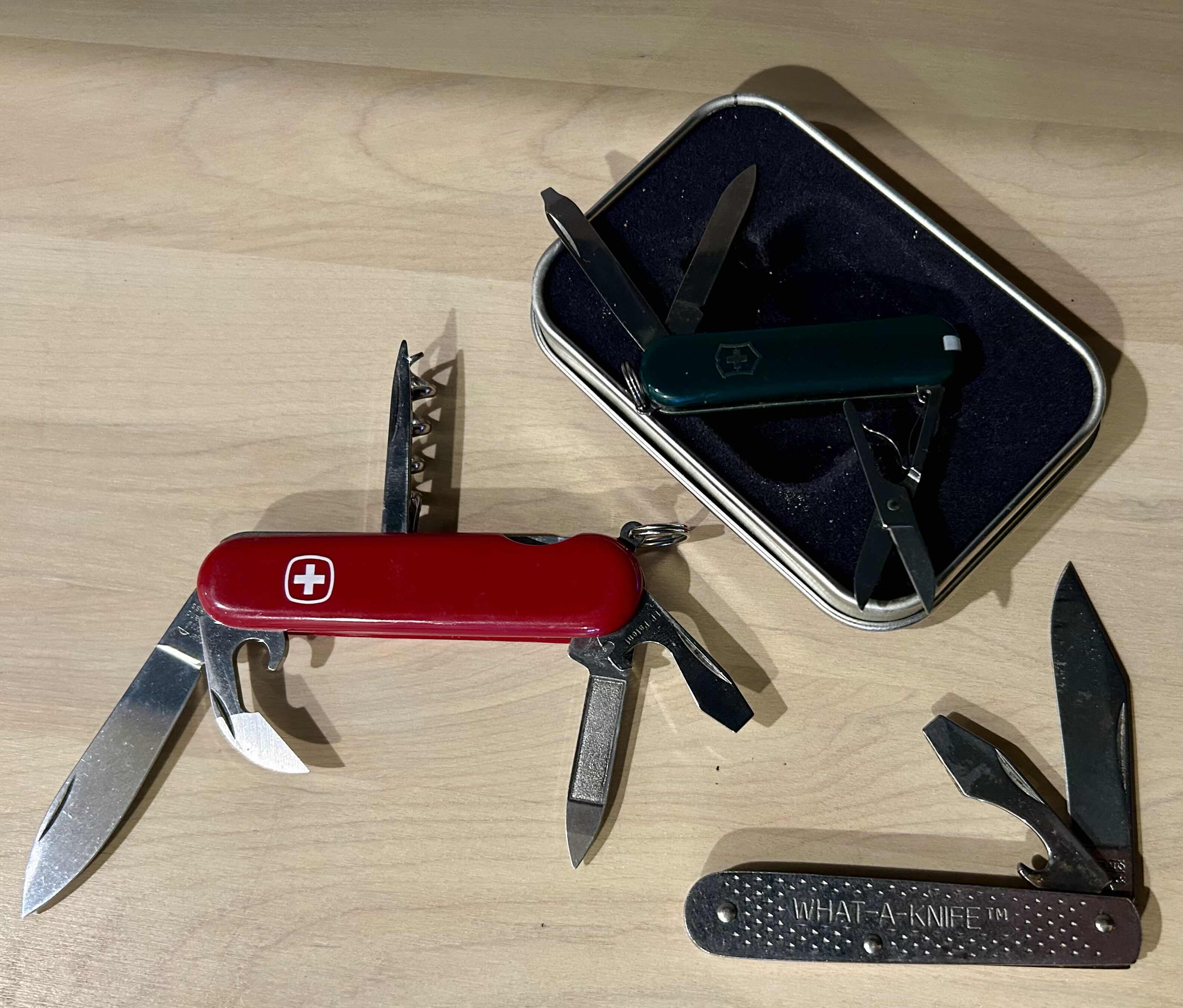 Photo 1 of FULL SCALE MINIATURE CANOE 16”, TWO SWISS-ARMY KNIFES AND ONE WHAT-A-KNIFE