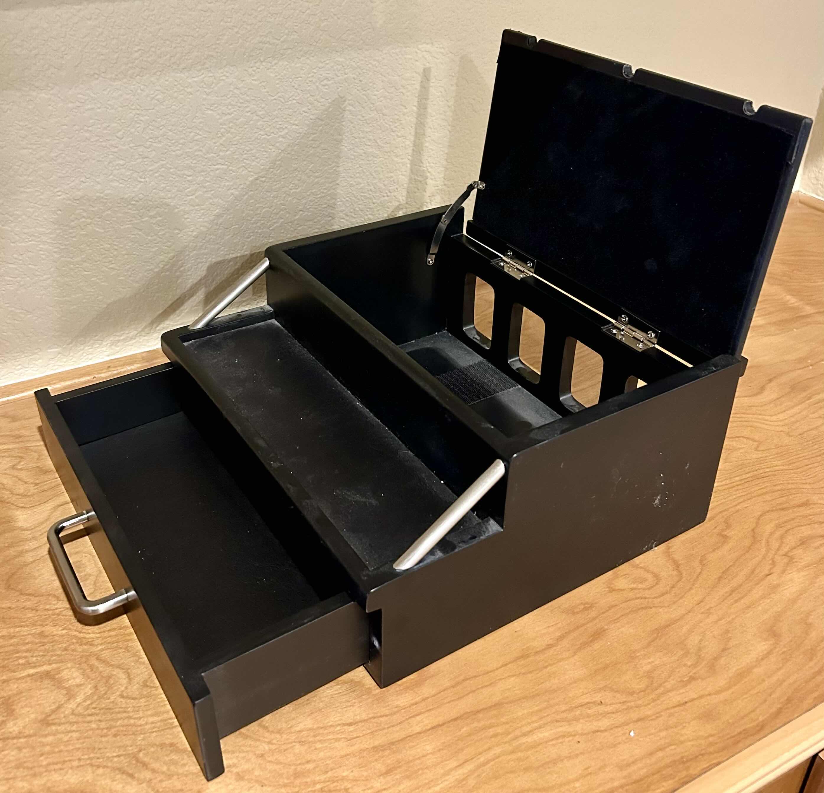 Photo 1 of BLACK WOODEN MULTI-DEVICE CHARGING STATION H:5”, TRAVEL KIT AND SMALL TRAVEL BAGS