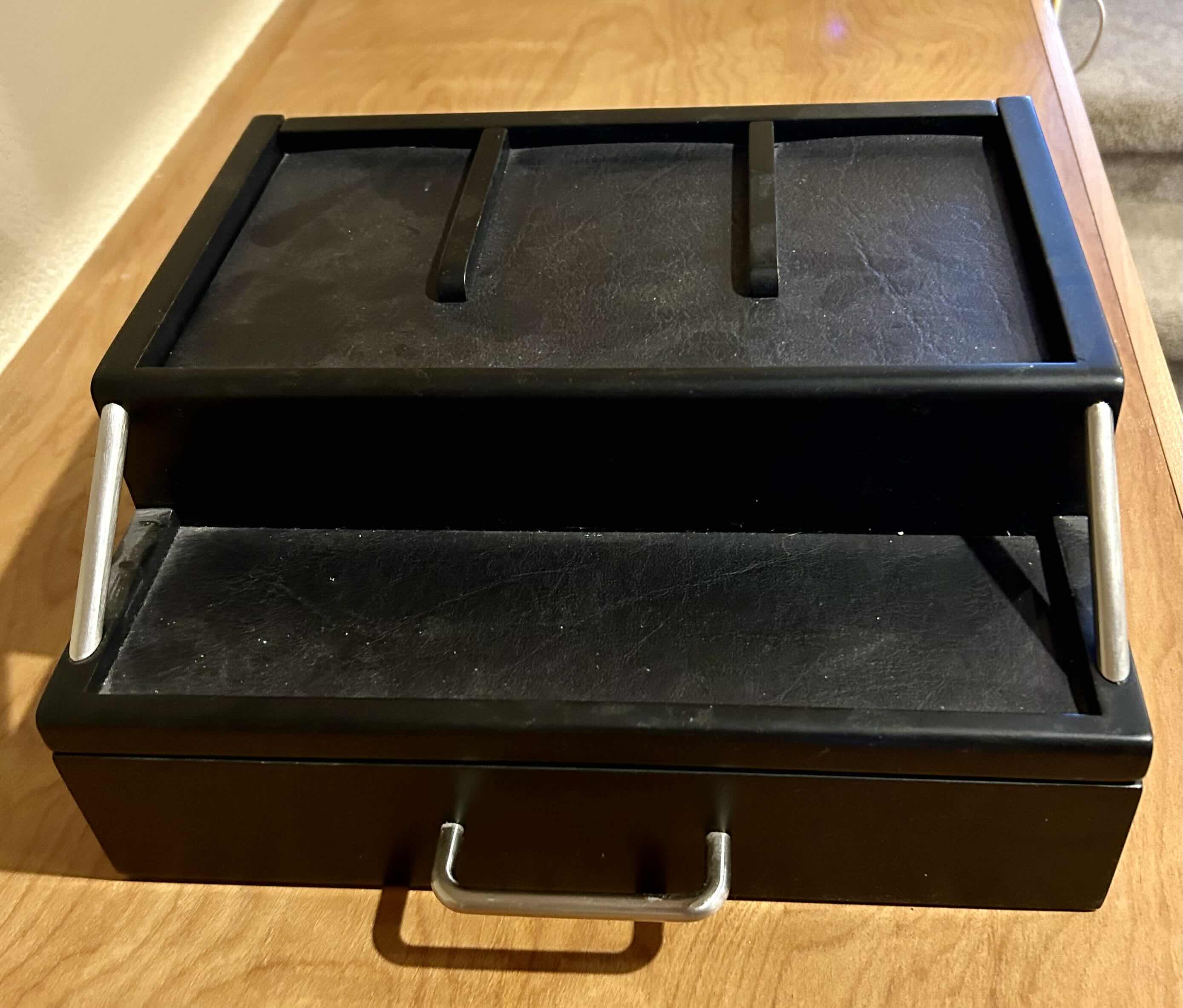 Photo 1 of BLACK WOODEN MULTI-DEVICE CHARGING STATION H:5”, TRAVEL KIT AND SMALL TRAVEL BAGS