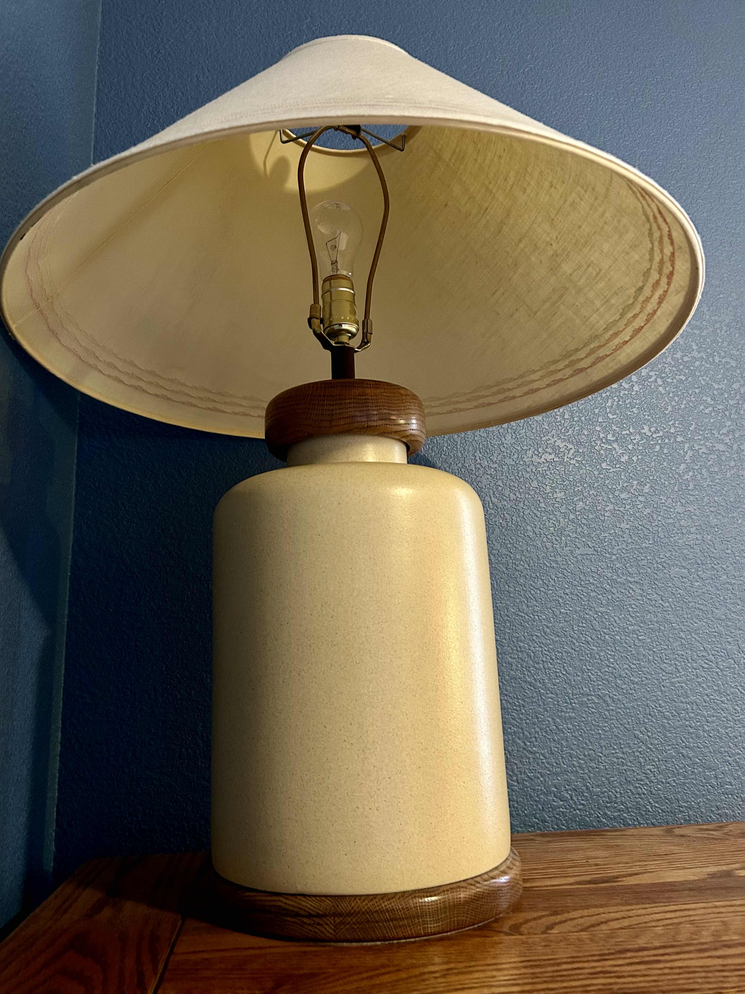 Photo 1 of MID-CENTURY JAR FORM TABLE LAMP CERAMIC WITH WOOD ACCENTS 29”