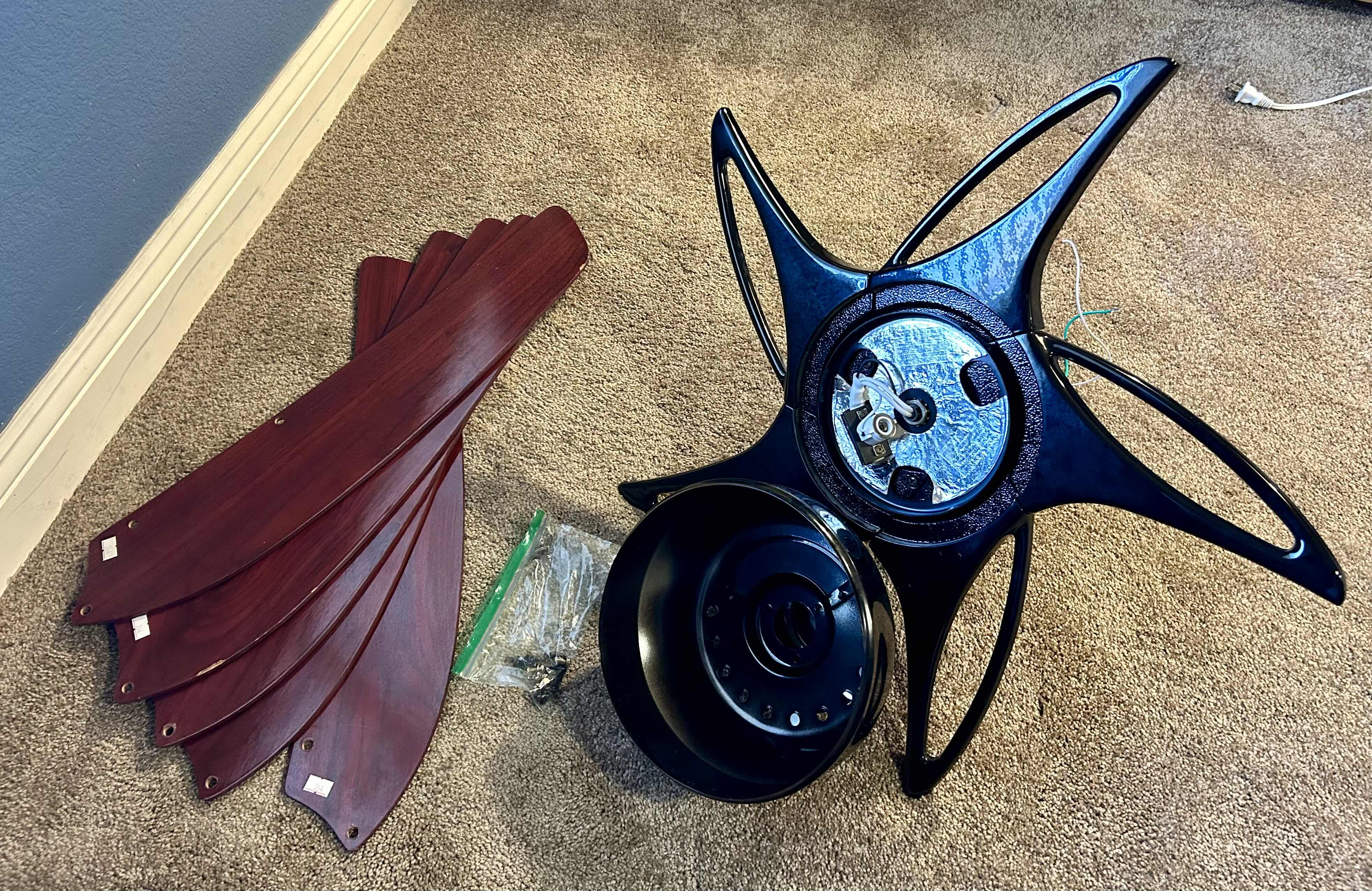 Photo 1 of 5 BLADE, DARK WOOD AND METAL CEILING LIGHT AND FAN, INCLUDES SOME HARDWARE, ASSEMBLY REQUIRED