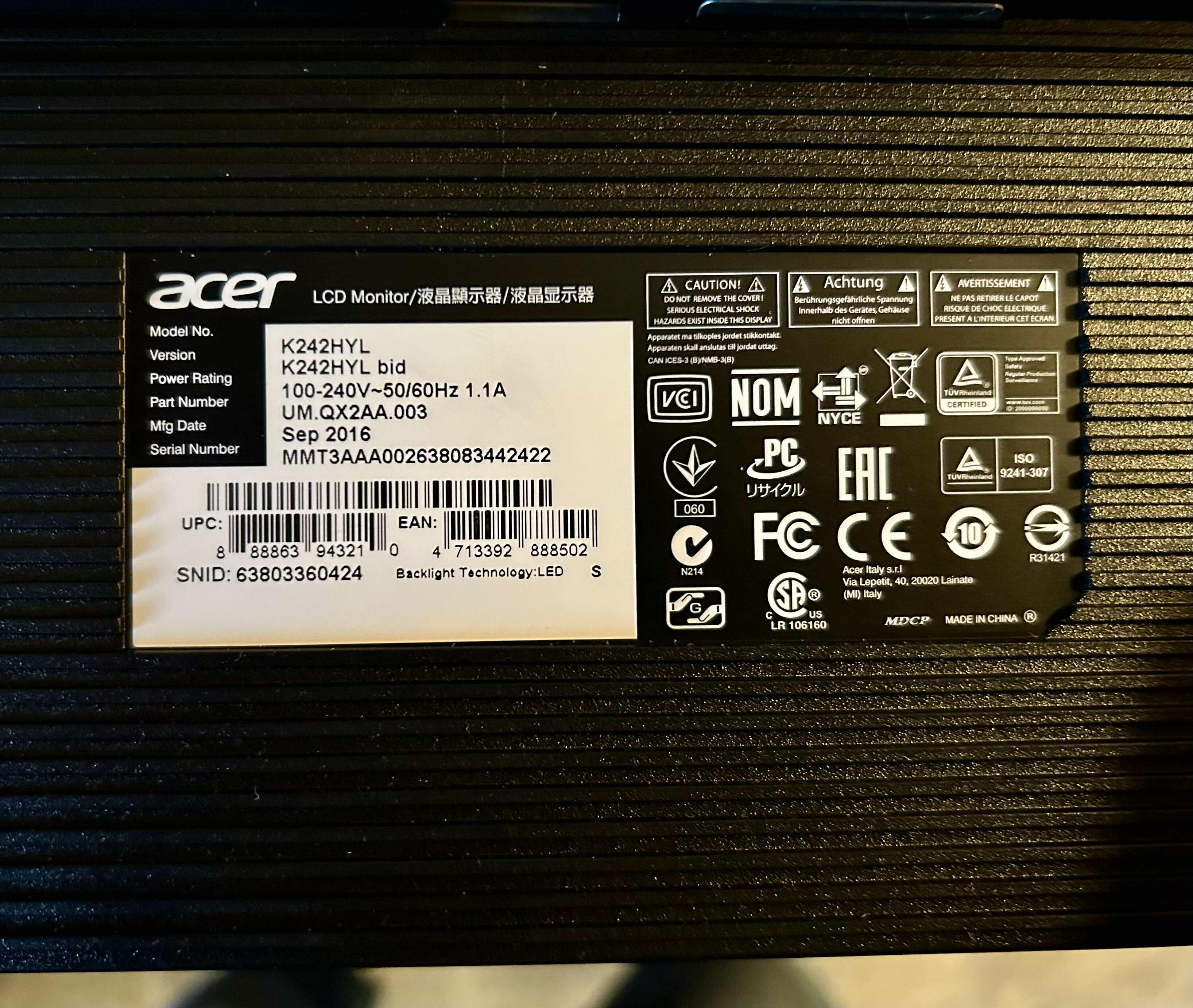 Photo 1 of ACER IPS IN-PLANE SWITCHING MONITOR: K242HYL