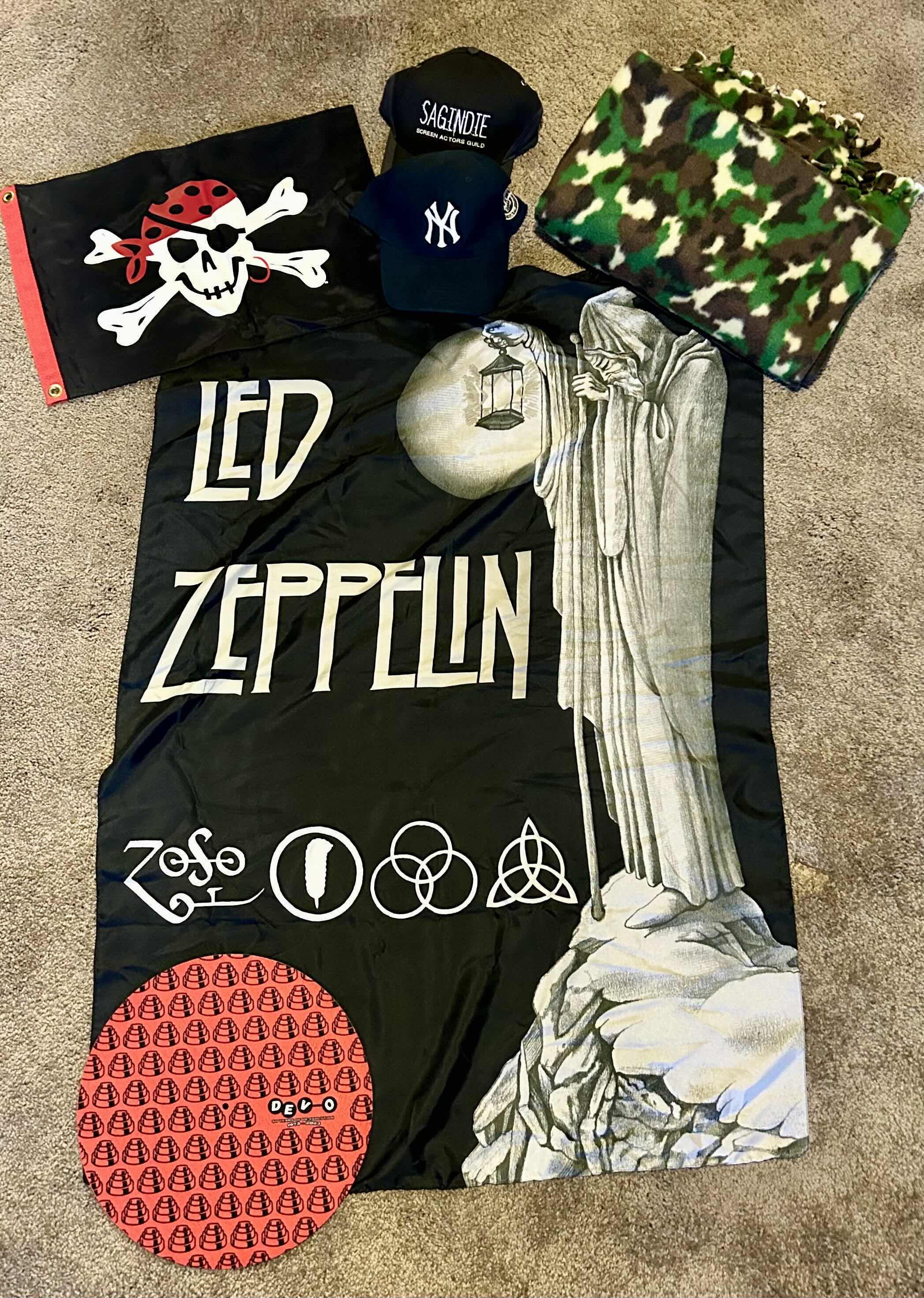 Photo 1 of CONTENTS OF BOX: CDS, MOVIES, LED ZEPPELIN TAPESTRY AND BASEBALL CAPS