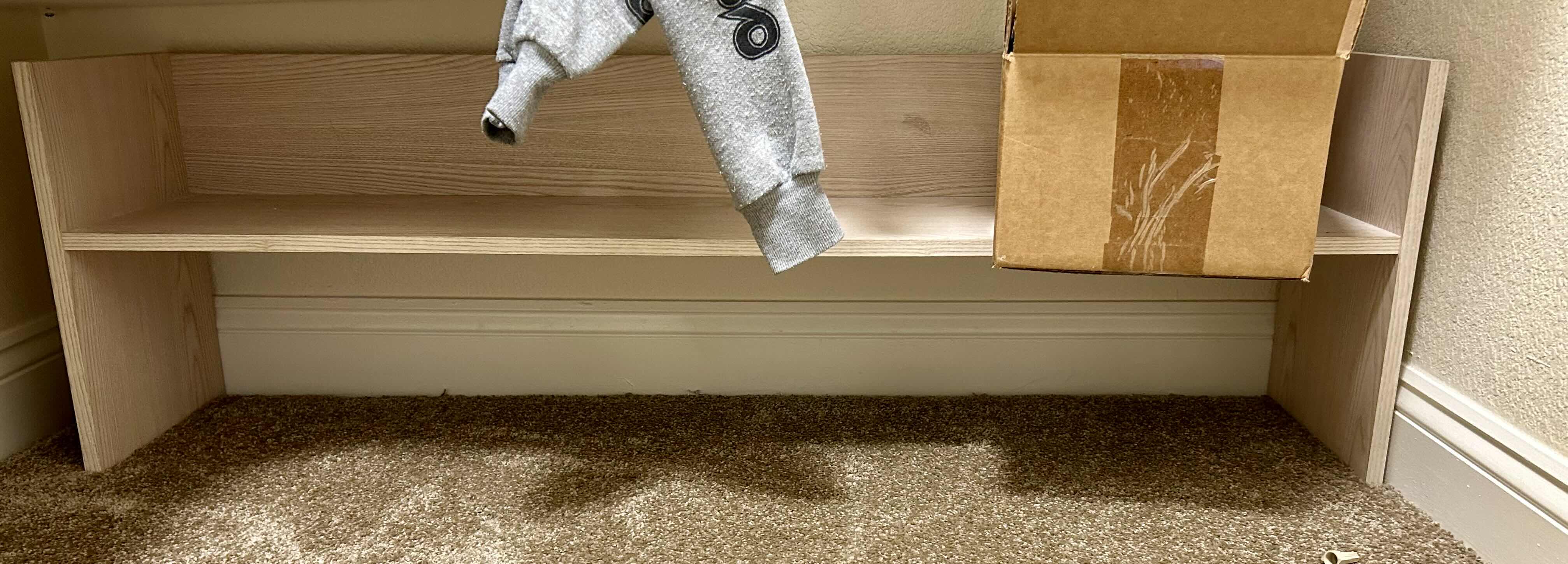 Photo 1 of CONTENTS OF CLOSET: HANGING SHOE RACK, HANGERS, BELTS, FLOOR SHOE RACK, 6 LARGE SWEATSHIRTS, AND A CRAFT PAPER BOX