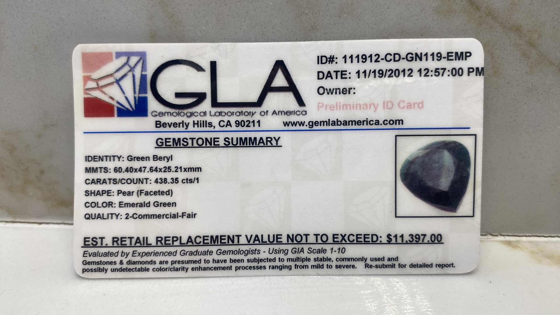 Photo 1 of GREEN BERYL PEAR FACETED 438.35 cts GEMSTONE GLA CERTIFIED 111912