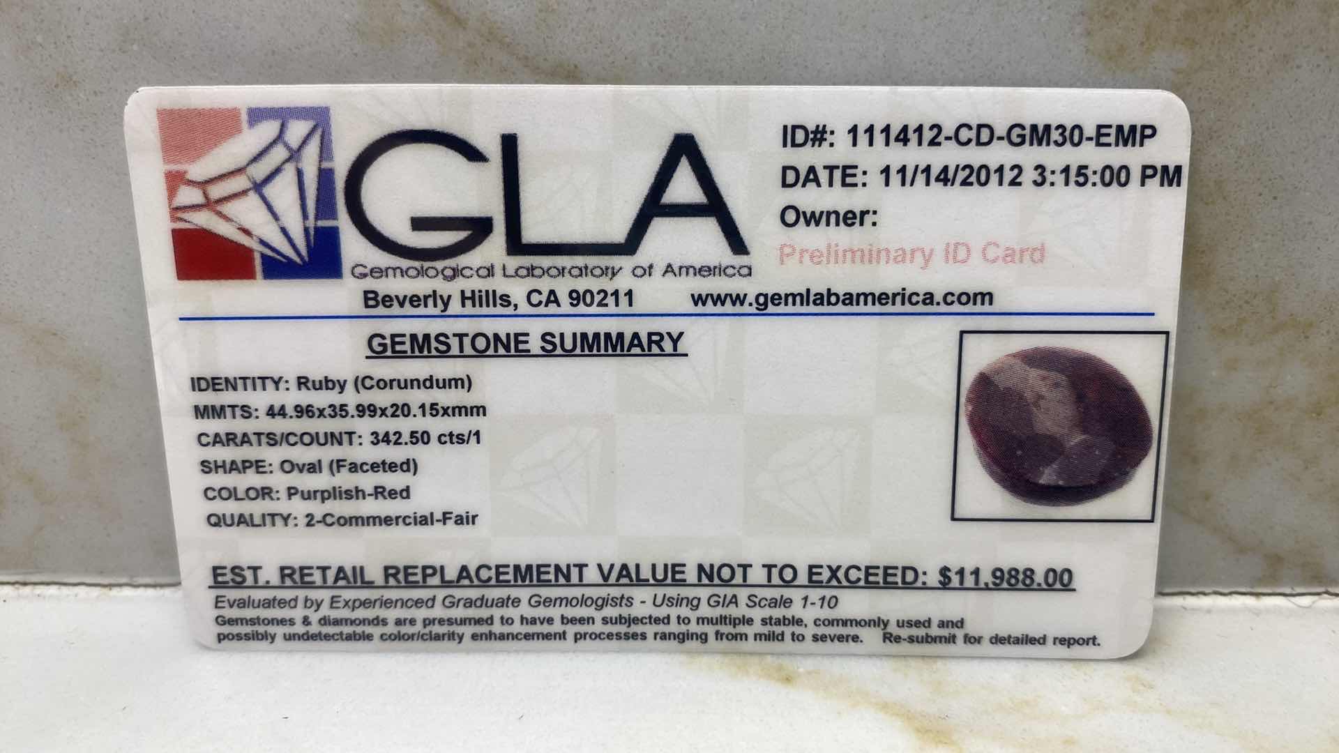 Photo 1 of RUBY CORUNDUM OVAL FACETED 342.5 cts GEMSTONE GLA CERTIFIED 111412
