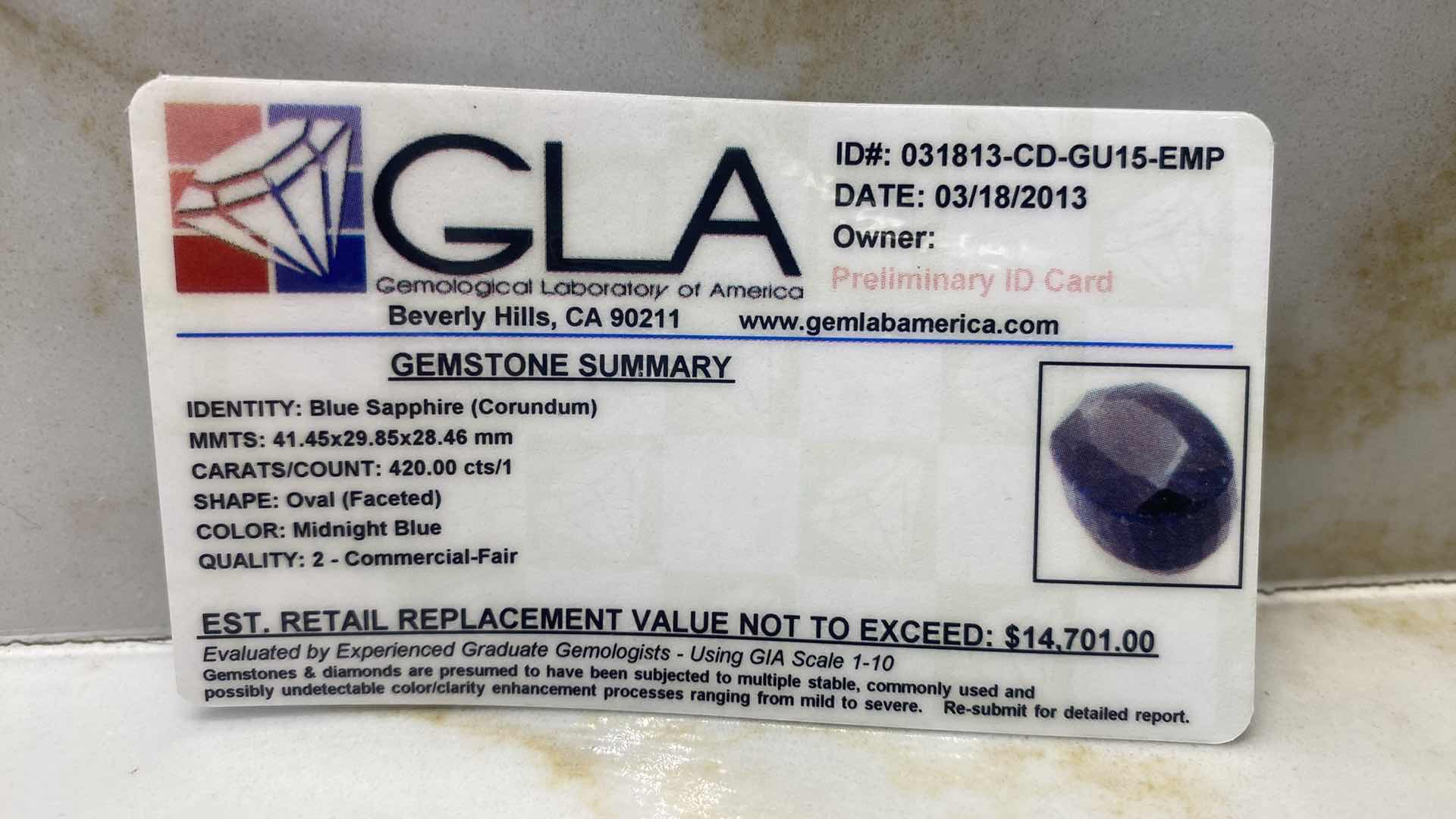 Photo 1 of  BLUE SAPPHIRE  (CORUNDUM) OVAL FACETED 342.5 cts GEMSTONE GLA CERTIFIED 031813