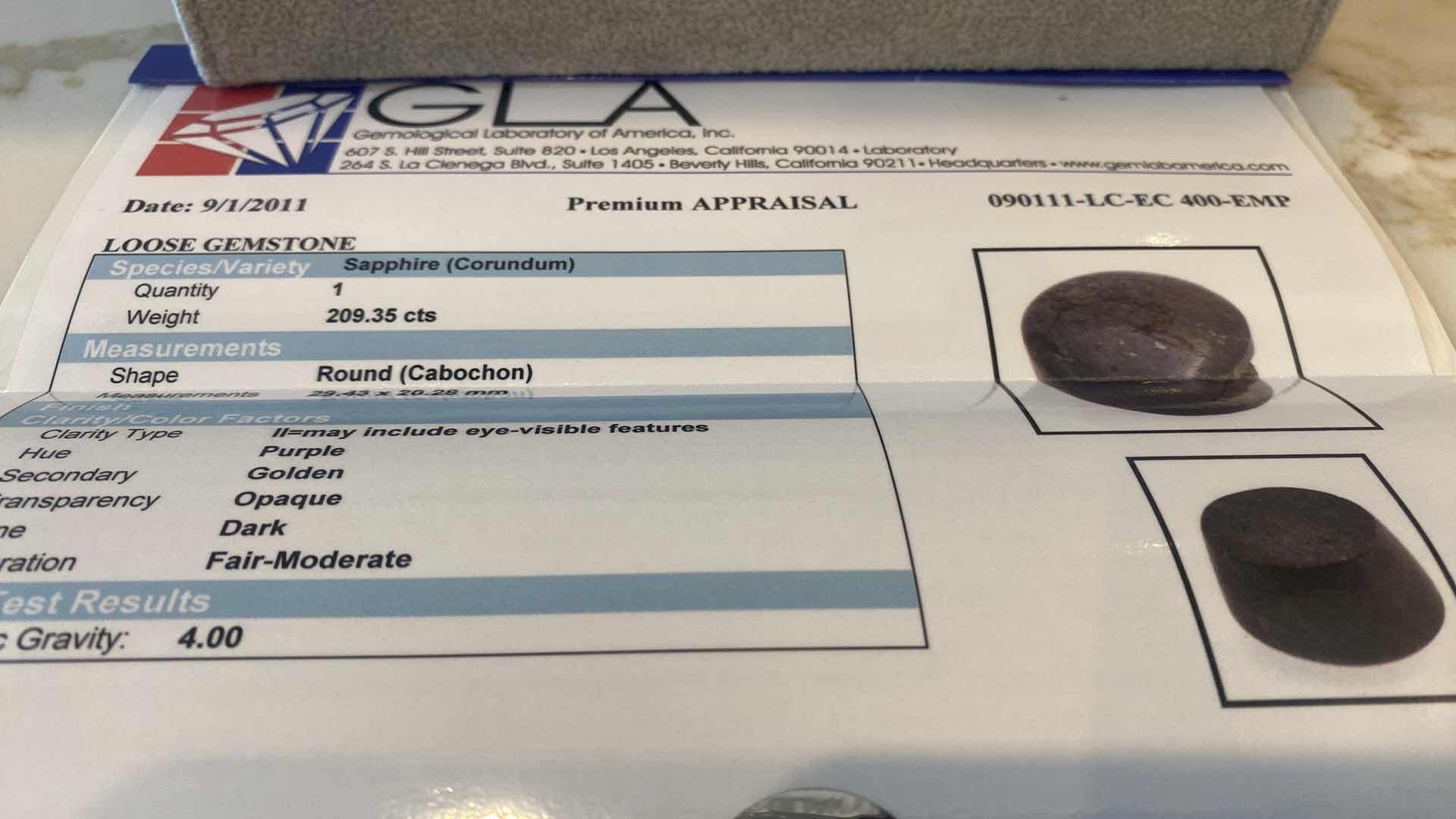 Photo 1 of SAPPHIRE  CORUNDUM CABOCHON FACETED 209.35 cts GEMSTONE GLA CERTIFIED EMPEC400