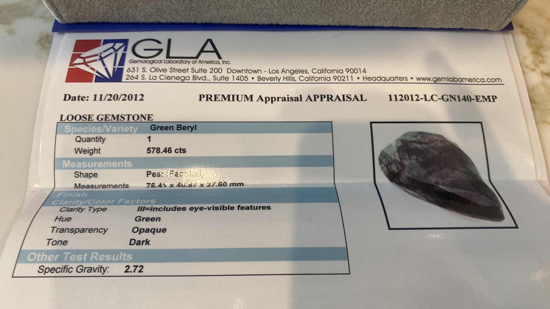 Photo 1 of GREEN BERYL PEAR FACETED 578.46 cts GEMSTONE GLA CERTIFIED 112012