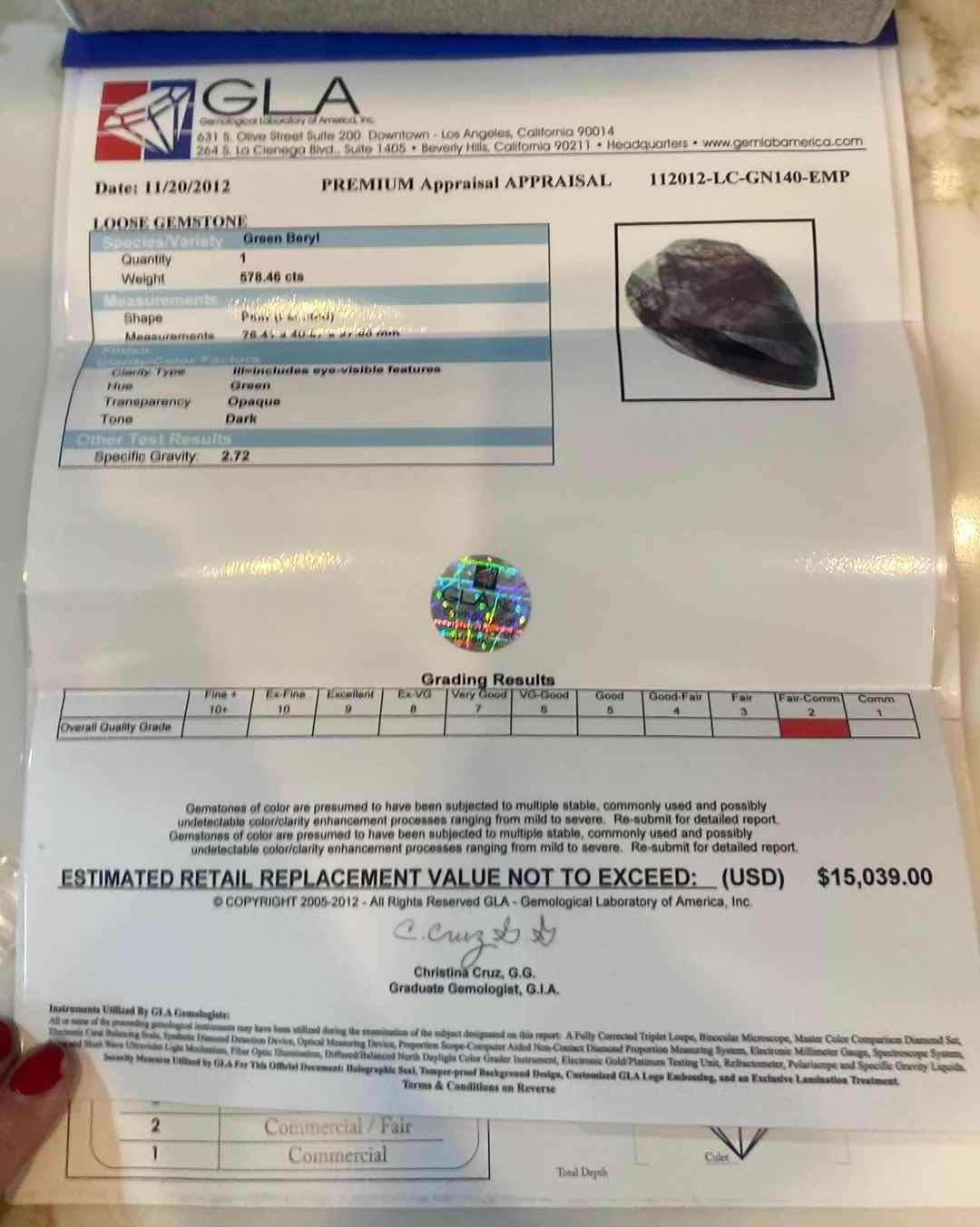 Photo 1 of GREEN BERYL PEAR FACETED 578.46 cts GEMSTONE GLA CERTIFIED 112012