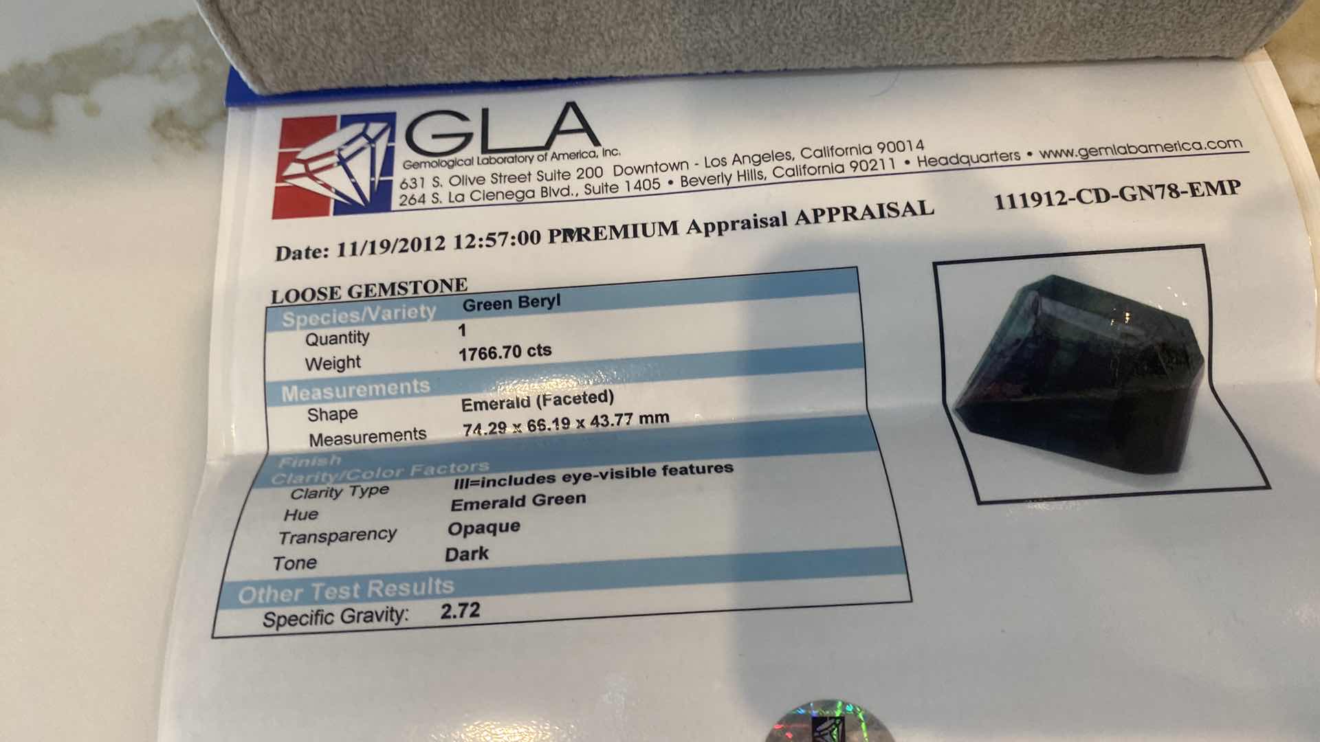 Photo 1 of GREEN BERYL EMERALD FACETED 1766.70 cts GEMSTONE GLA CERTIFIED 111912