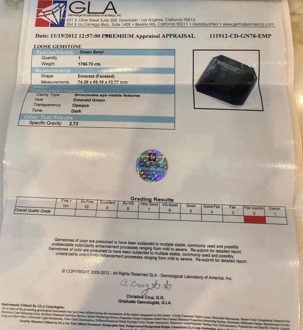 Photo 1 of GREEN BERYL EMERALD FACETED 1766.70 cts GEMSTONE GLA CERTIFIED 111912