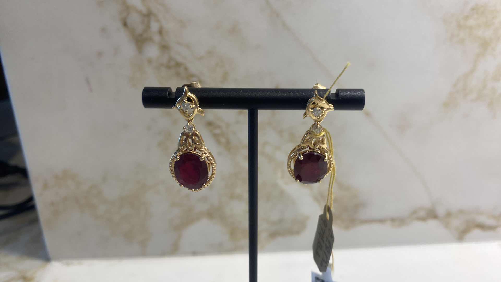 Photo 1 of 925 STERLING SILVER w/YELLOW GOLD OVERLAY EARRINGS WITH RUBY CORUNDUM 9.74ctw AND NATURAL DIAMOND ROUND  EST.28 ctw  GGA CERTIFIED APPRAISAL K42E3