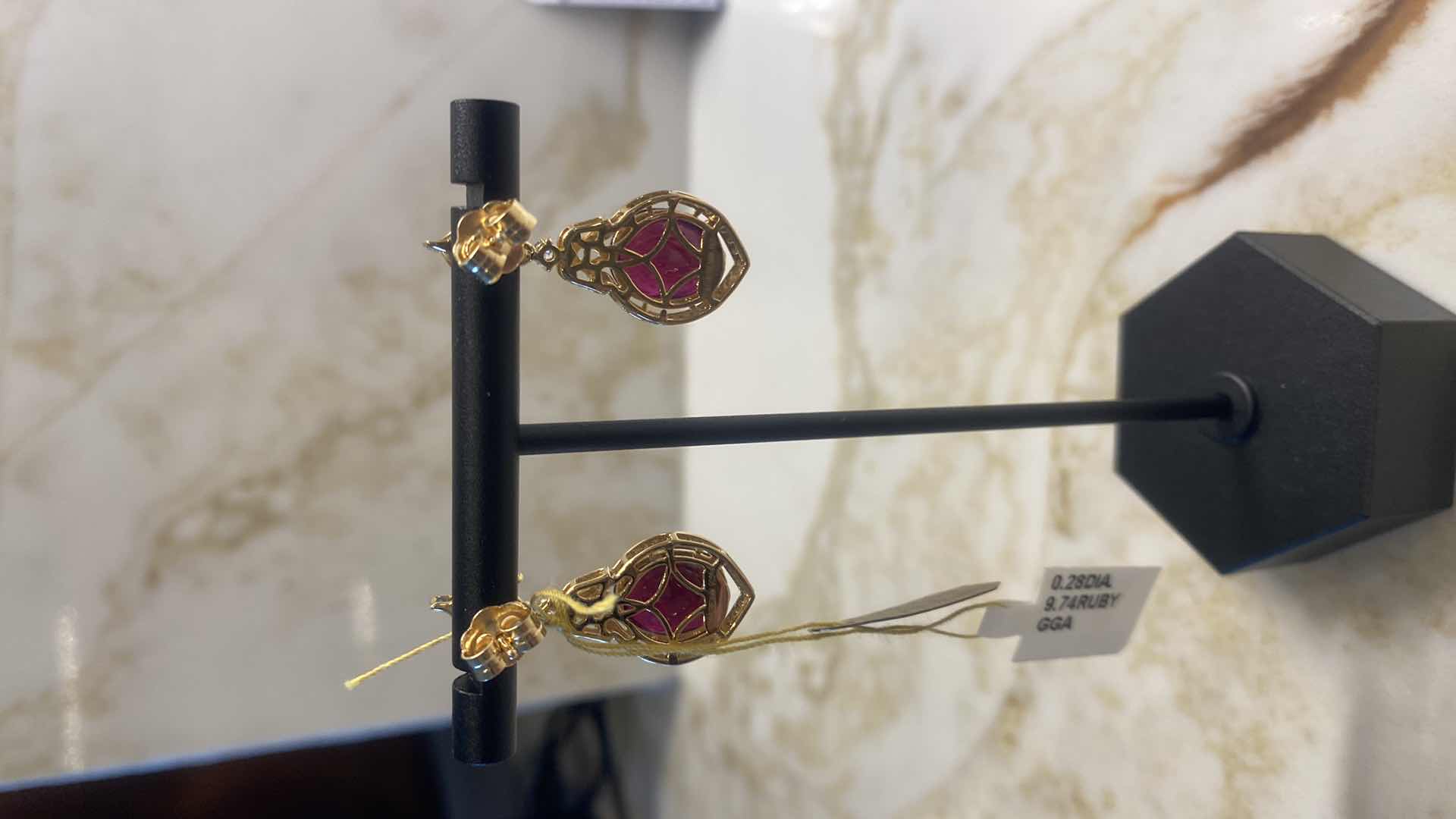 Photo 1 of 925 STERLING SILVER w/YELLOW GOLD OVERLAY EARRINGS WITH RUBY CORUNDUM 9.74ctw AND NATURAL DIAMOND ROUND  EST.28 ctw  GGA CERTIFIED APPRAISAL K42E3