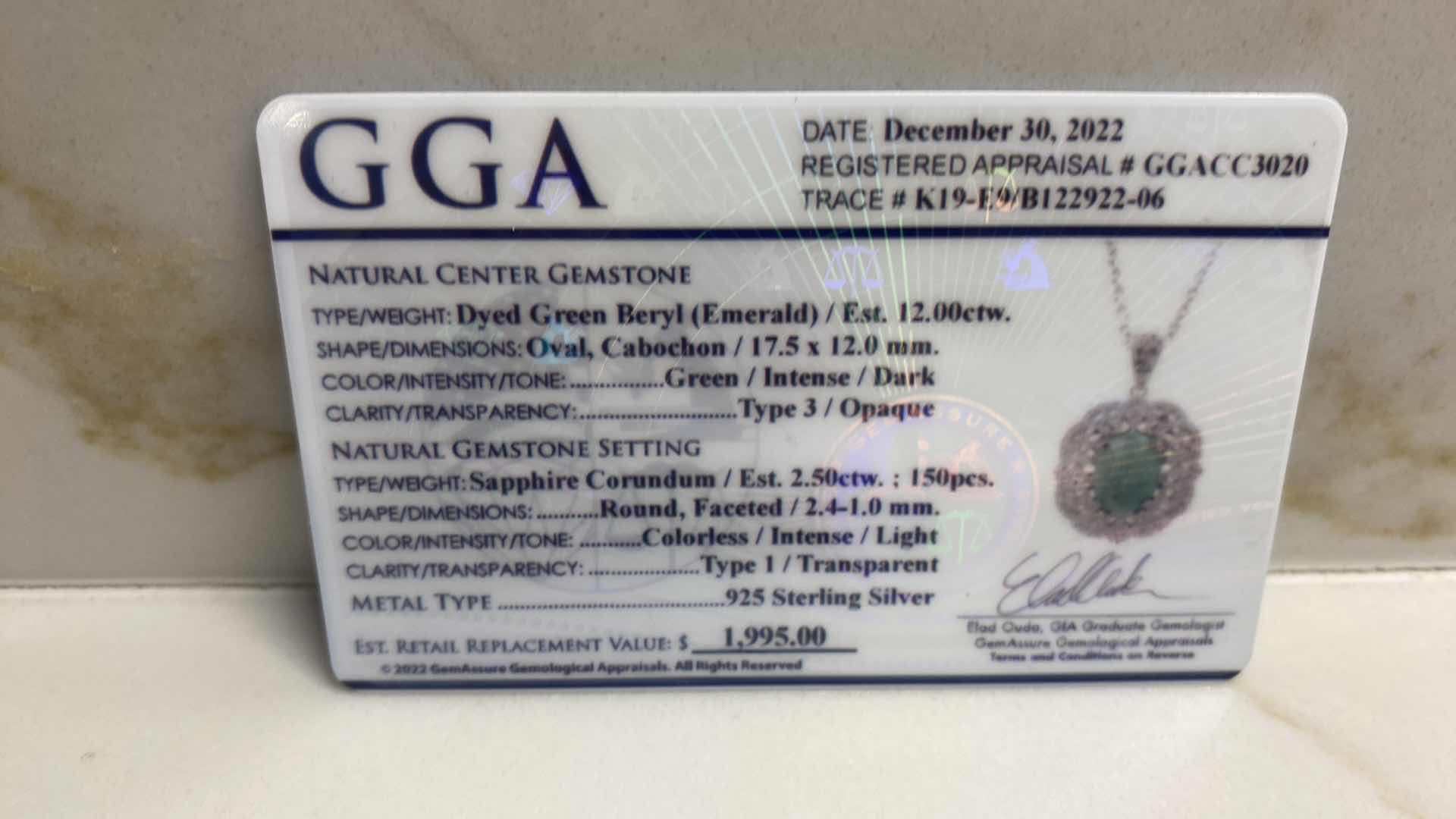 Photo 1 of 925 STERLING SILVER NECKLACE WITH GREEN BERYL OVAL CABOCHON 12.ctw & SAPPHIRE CORUNDUM 2.50 ctw GGA APPRAISAL K19E9