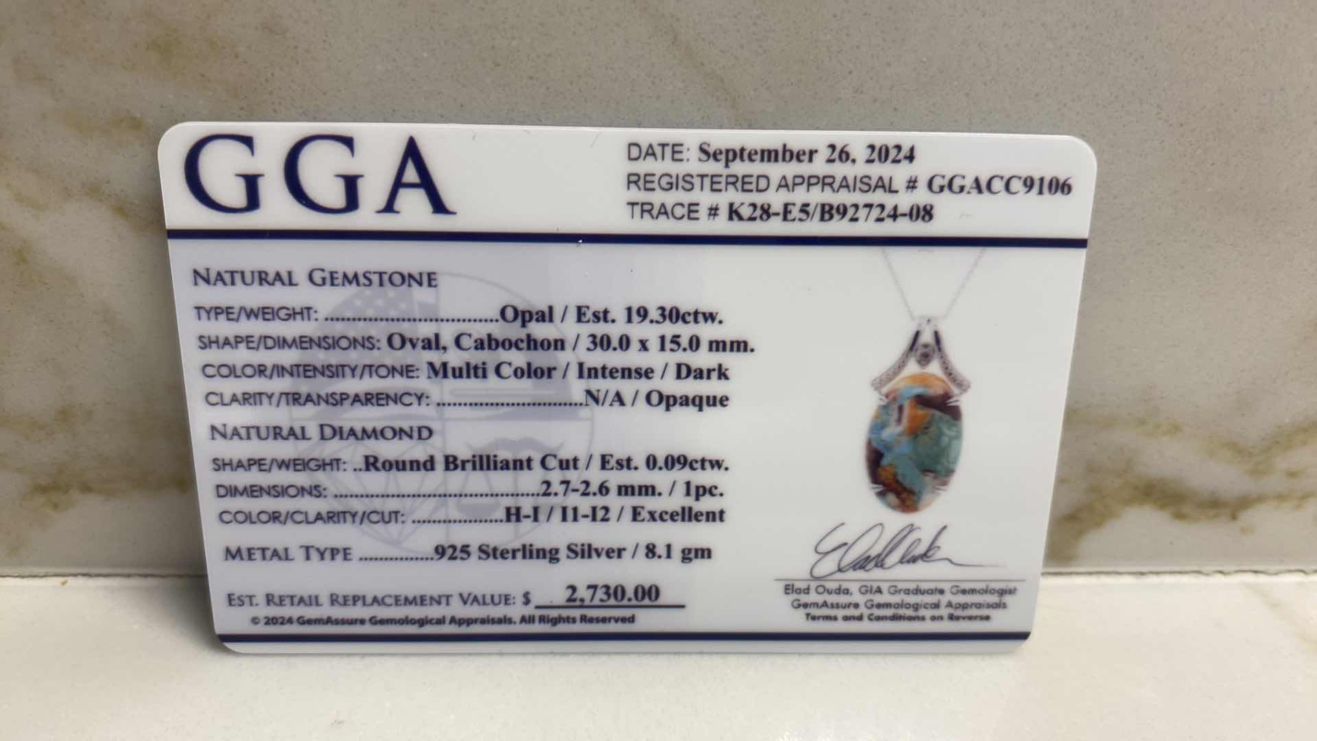 Photo 1 of 925 STERLING SILVER NECKLACE W/OPAL OVAL CABOCHON 19.30 ctw & NATURAL DIAMOND ROUND EST .09 ctw GGA APPRAISAL K28E5