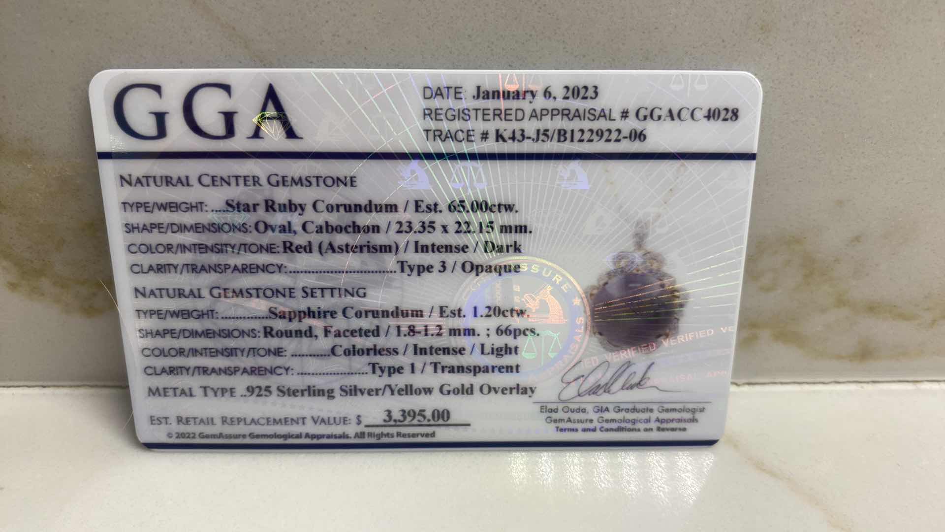 Photo 1 of 925 STERLING SILVER W/YELLOW GOLD OVERLAY NECKLACE W/STAR RUBY CORUNDUM EST. 65 ctw & SAPPHIRE CORUNDUM EST 1.20 ctw GGA APPRAISAL K43J5