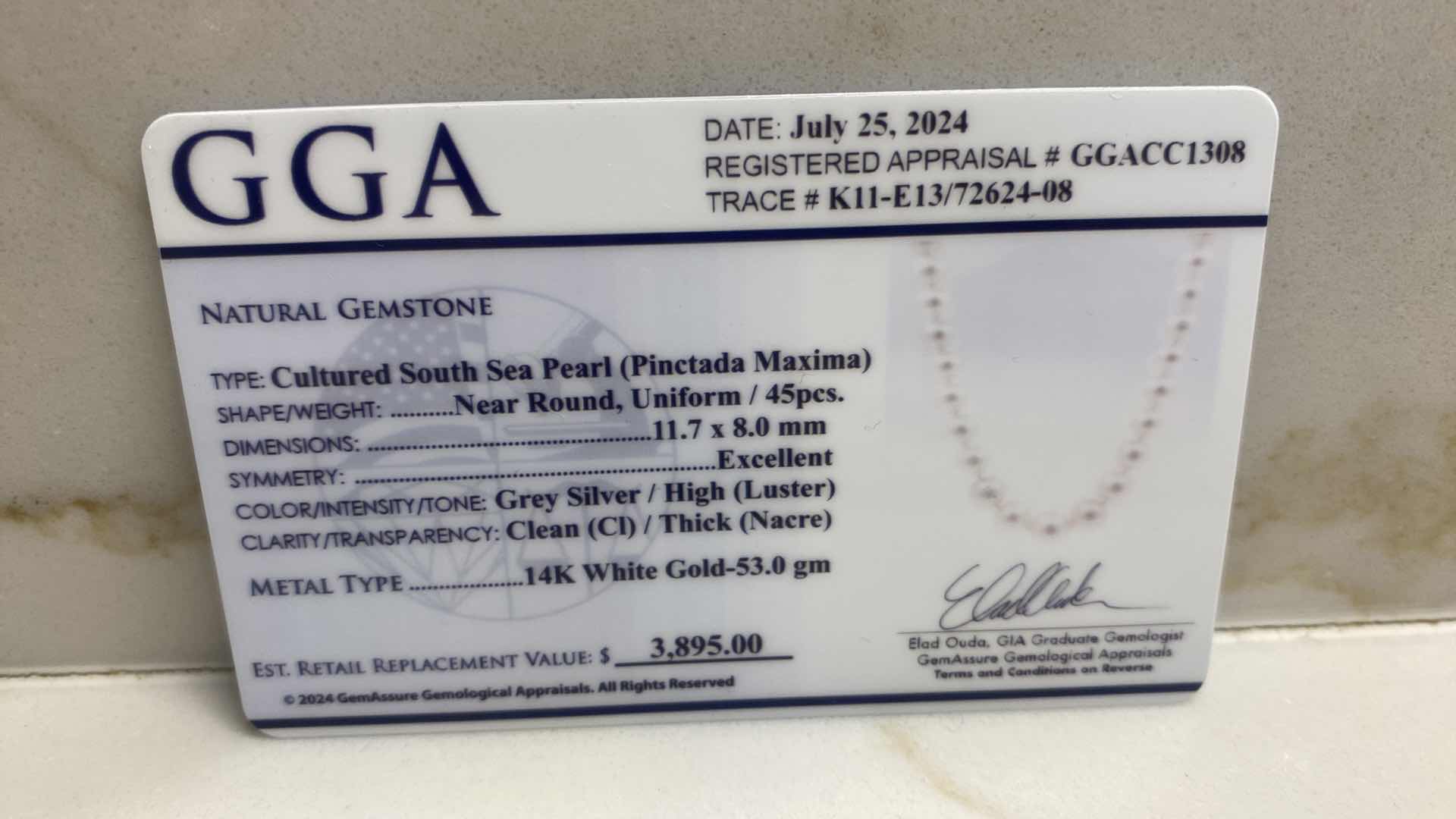 Photo 1 of 14K WHITE GOLD 53 gm NECKLACE W/CULTURED SOUTH SEA PEARLS 45 PIECES GGA APPRAISAL K11E13