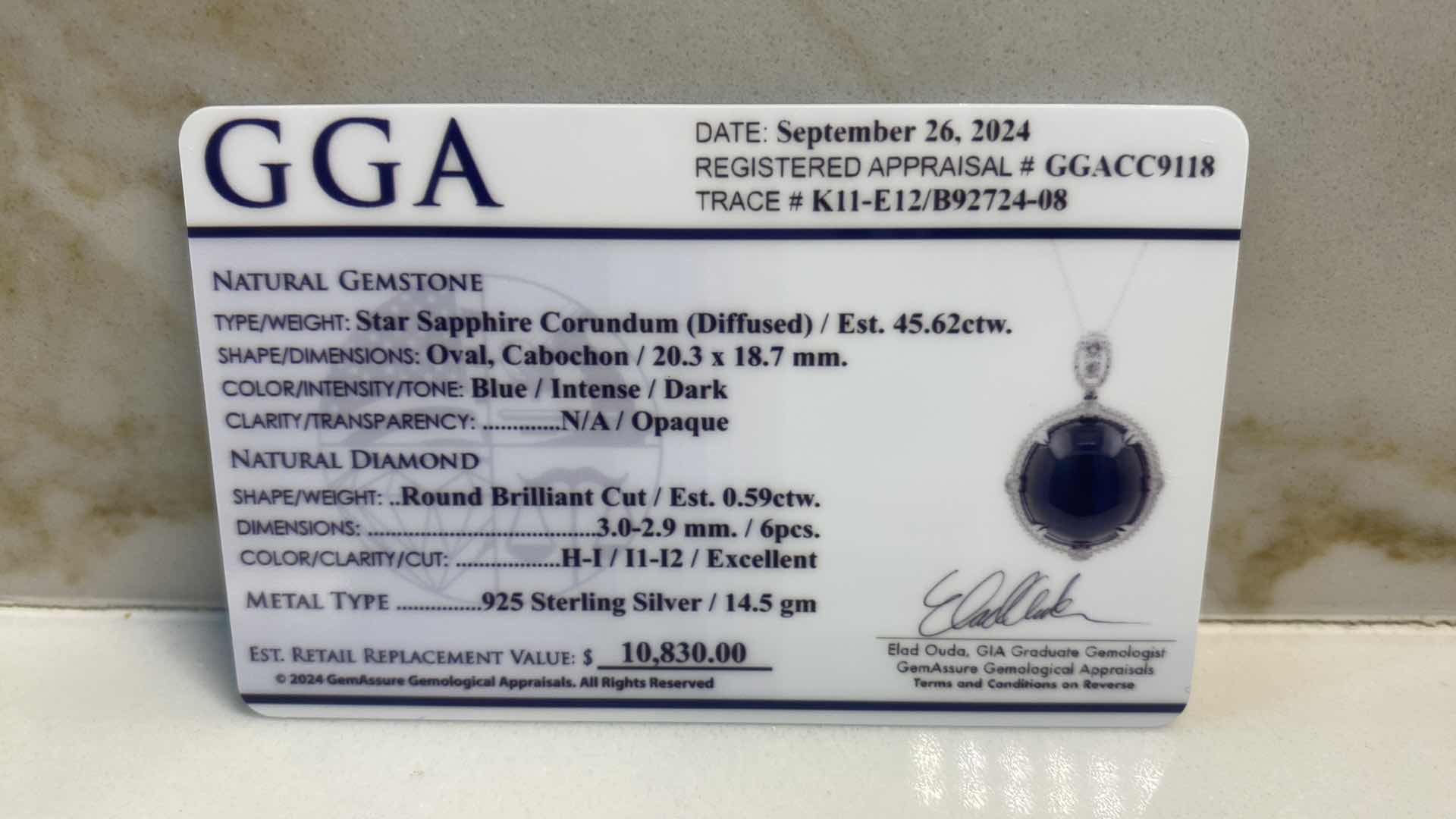 Photo 1 of  925 STERLING SILVER 14.5 gm NECKLACE W/SAPPHIRE CORUNDUM PENDANT EST 45.62 ctw & NATURAL DIAMOND EST .59 ctw GGA APPRAISAL K11E12
