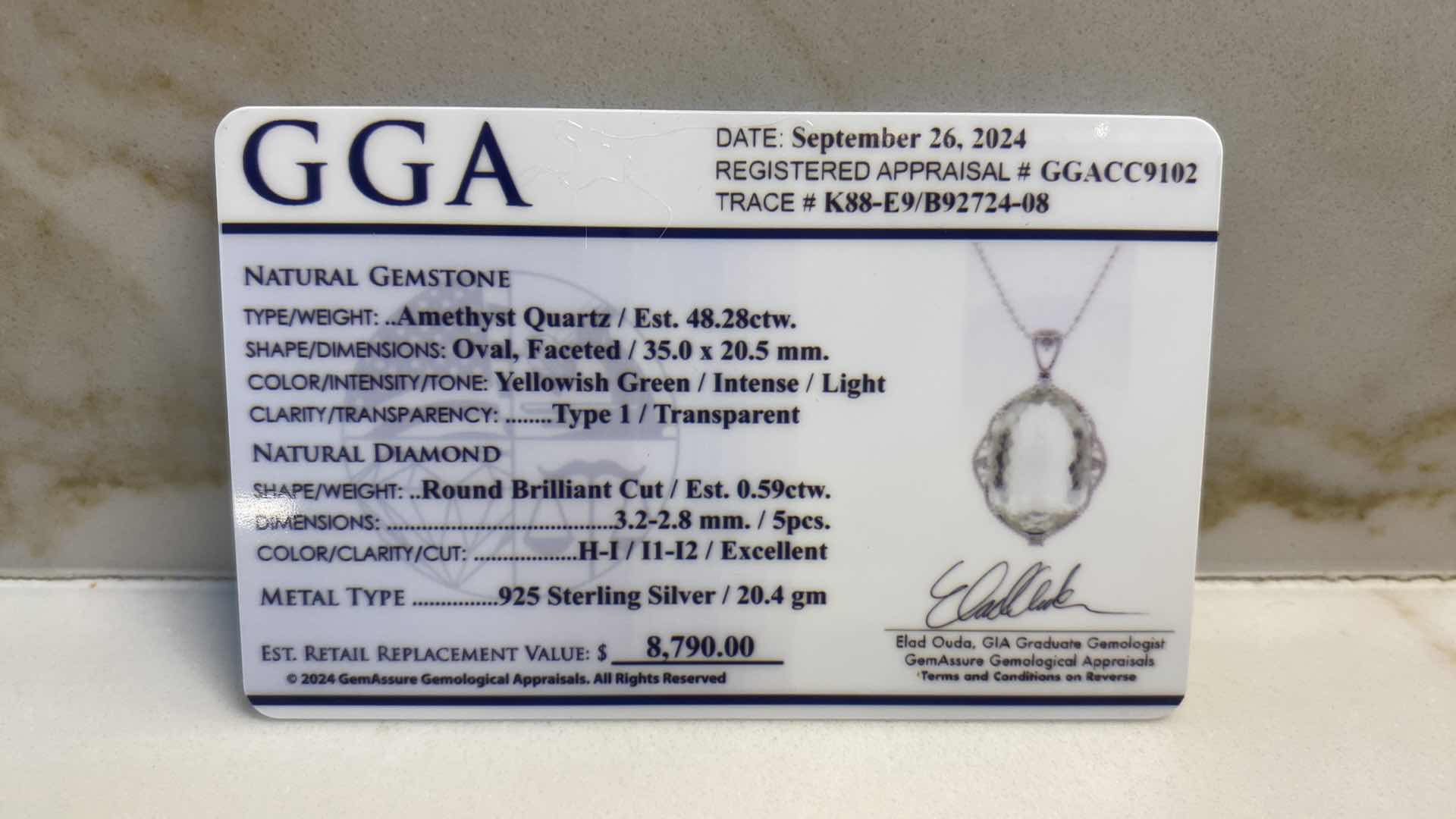 Photo 1 of 925 STERLING SILVER 20.4 gm NECKLACE W/PENDANT W/AMETHYST QUARTZ OVAL 48.28 ctw & NATURAL DIAMOND EST .59 ctw GGA APPRAISAL K88-E9