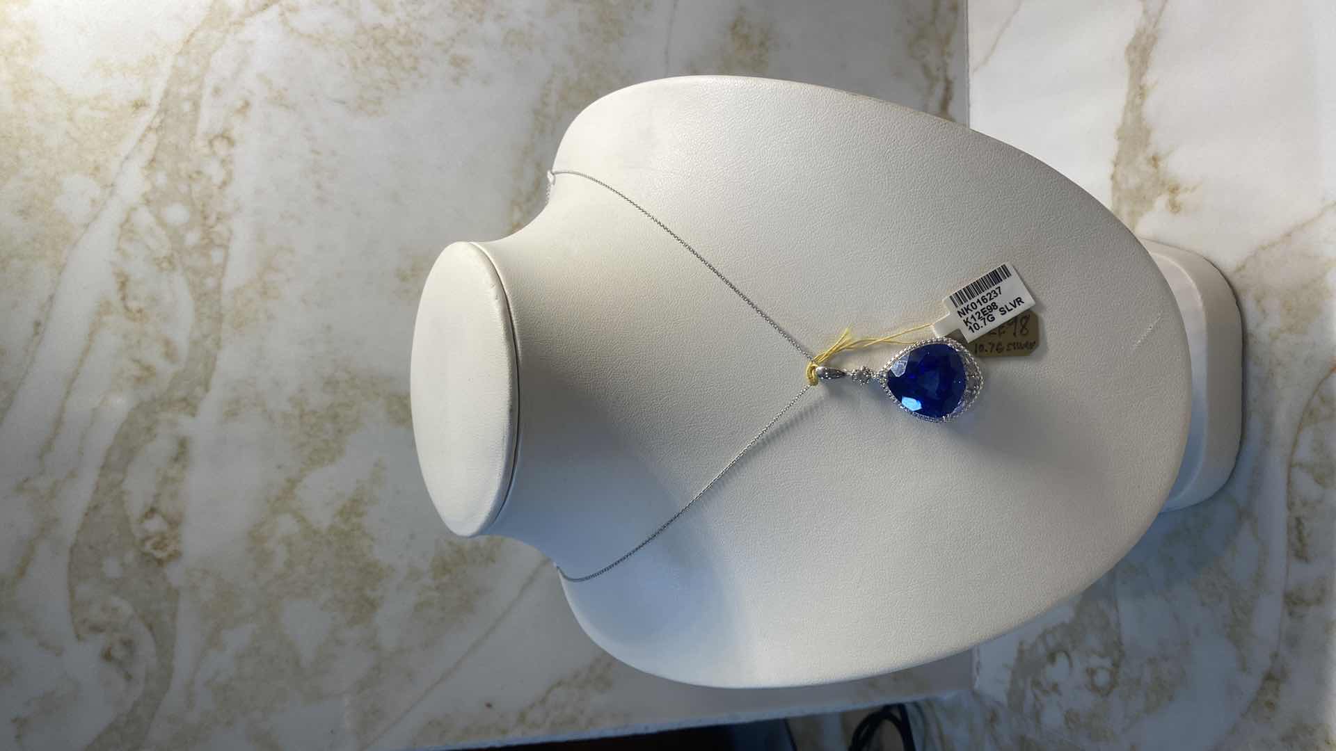 Photo 1 of 925 STERLING SILVER 10.7 gm PENDANT NECKLACE W/LAB CREATED SAPPHIRE EST 28.20 ctw & NATURAL DIAMOND EST. .47 ctw GGA APPRAISAL K12E98