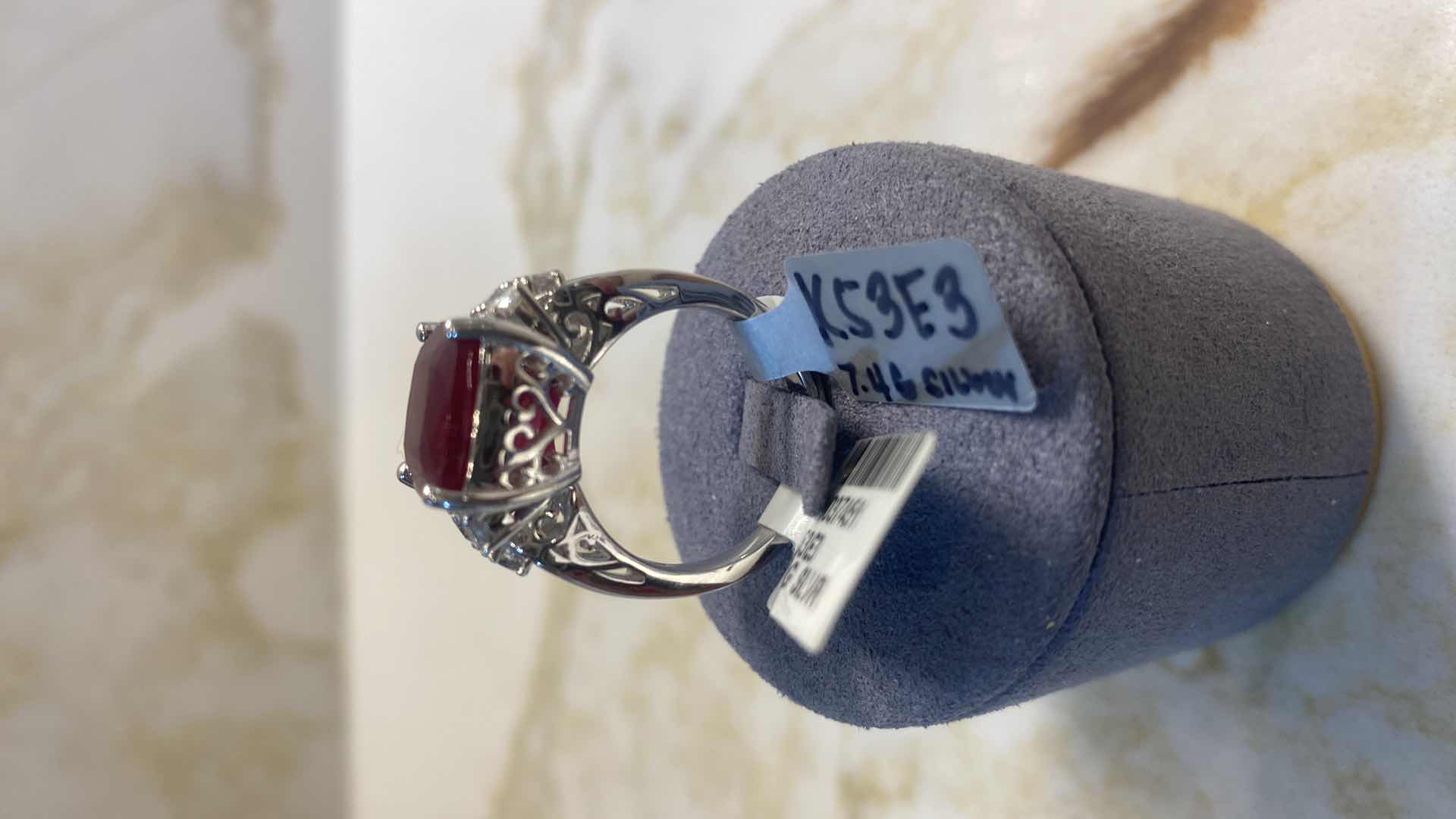 Photo 1 of 925 STERLING SILVER RING 7.4 gm W/RUBY CORUNDUM EST 9.39 ctw  CUSHION CUT WITH NATURAL DIAMOND ROUND BRILLIANT CUT EST .053ctw SIZE 6.5 GGA CERTIFIED APPRAISAL K53E3