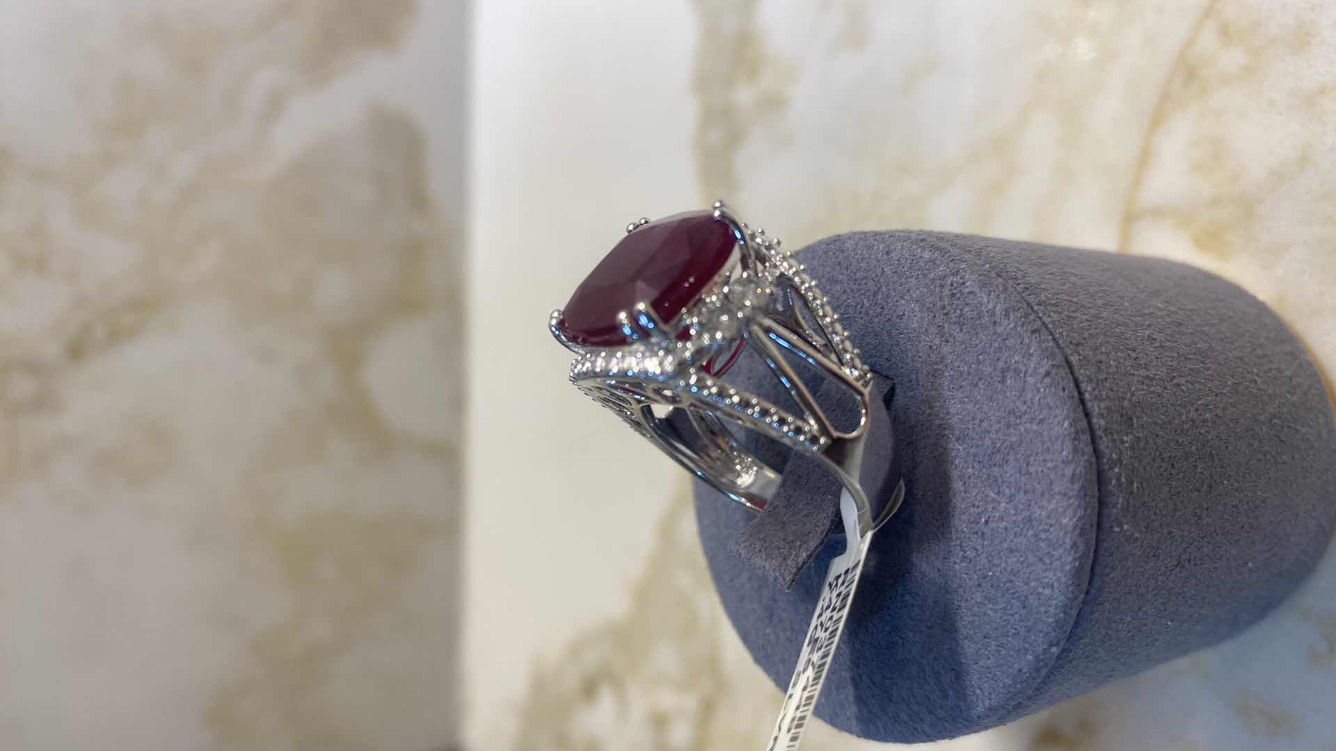 Photo 4 of 925 STERLING SILVER RING 7.7 gm W/RUBY CORUNDUM EST 12.21ctw  CUSHION CUT W/NATURAL DIAMOND ROUND  EST .40 ctw SIZE 6.5 GGA CERTIFIED APPRAISAL K47E5