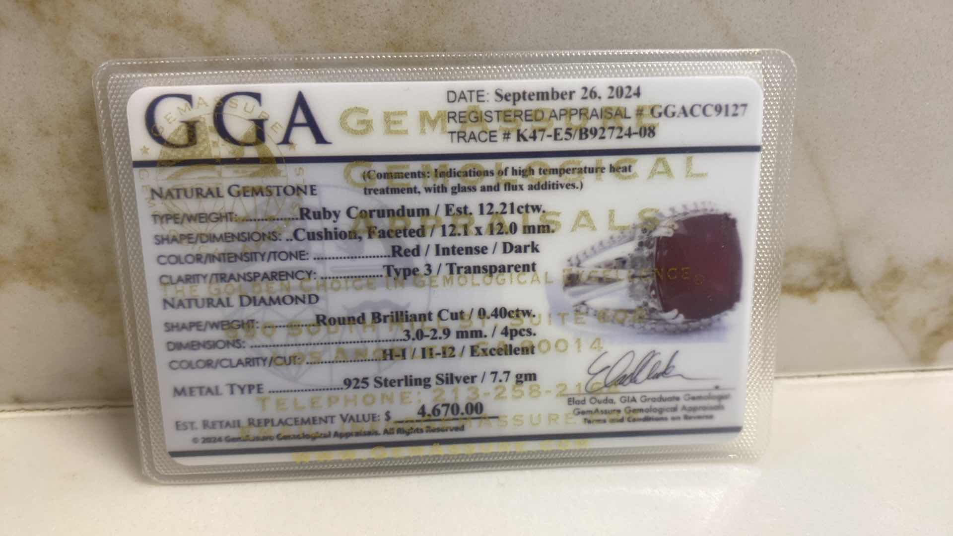 Photo 6 of 925 STERLING SILVER RING 7.7 gm W/RUBY CORUNDUM EST 12.21ctw  CUSHION CUT W/NATURAL DIAMOND ROUND  EST .40 ctw SIZE 6.5 GGA CERTIFIED APPRAISAL K47E5