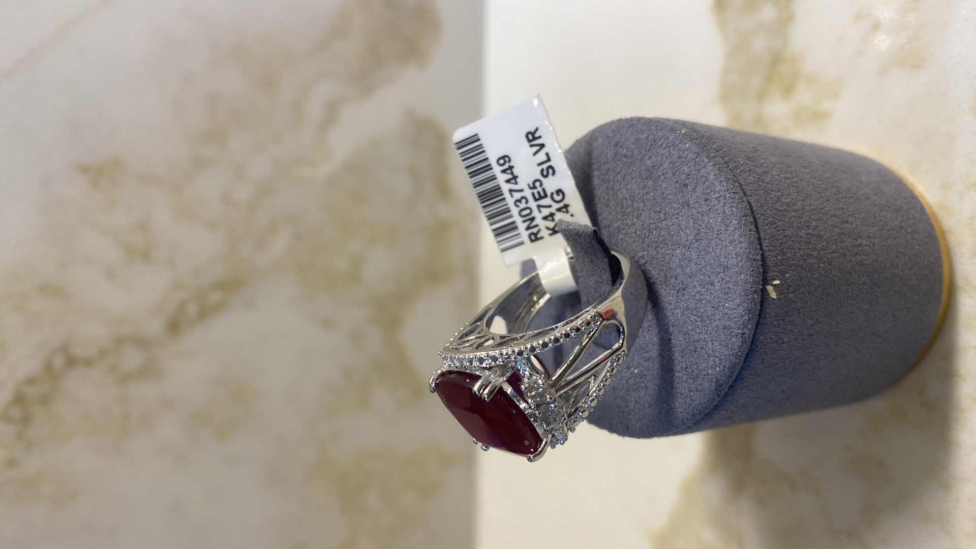 Photo 2 of 925 STERLING SILVER RING 7.7 gm W/RUBY CORUNDUM EST 12.21ctw  CUSHION CUT W/NATURAL DIAMOND ROUND  EST .40 ctw SIZE 6.5 GGA CERTIFIED APPRAISAL K47E5