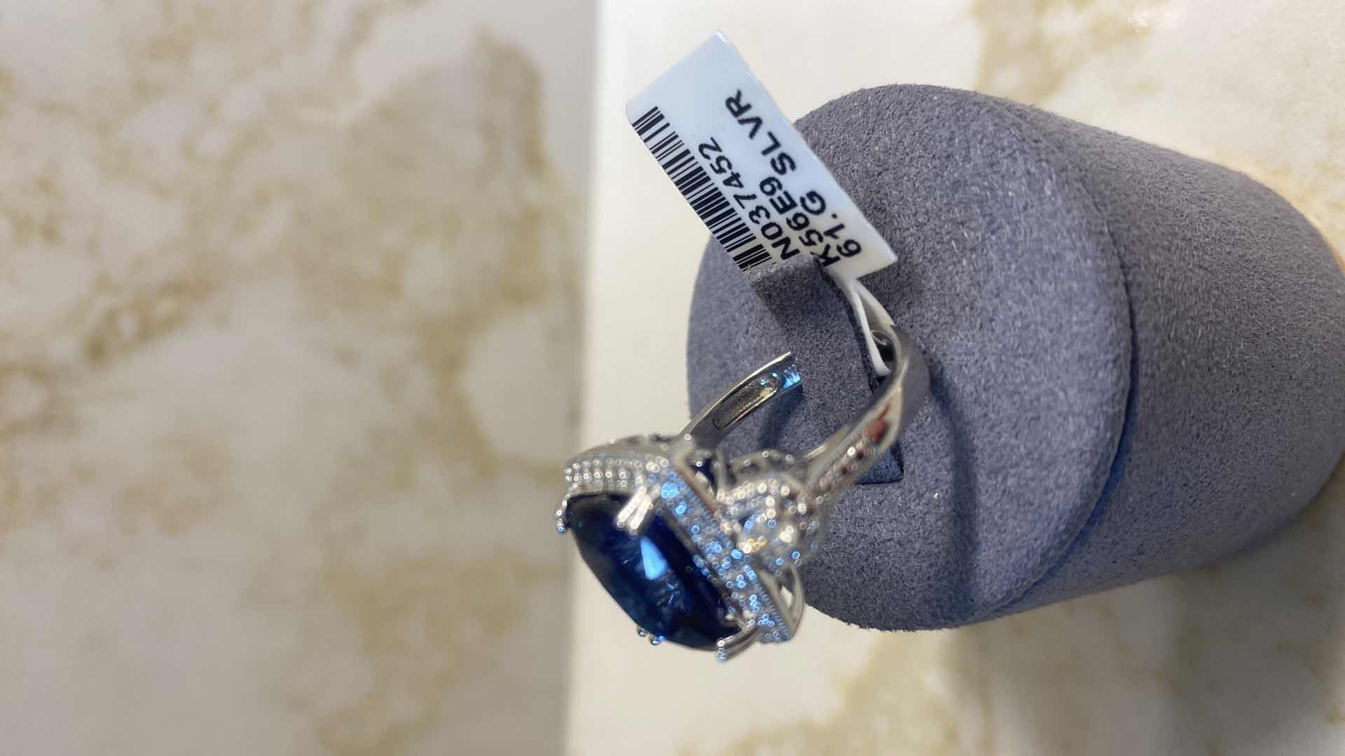 Photo 1 of 925 STERLING SILVER RING 6.3 gm W/ LAB CREATED SAPPHIRE CORUNDUM EST 8.23 ctw  CUSHION CUT W/NATURAL DIAMOND ROUND  EST .20 ctw SIZE 6.75 GGA CERTIFIED APPRAISAL K56E9
