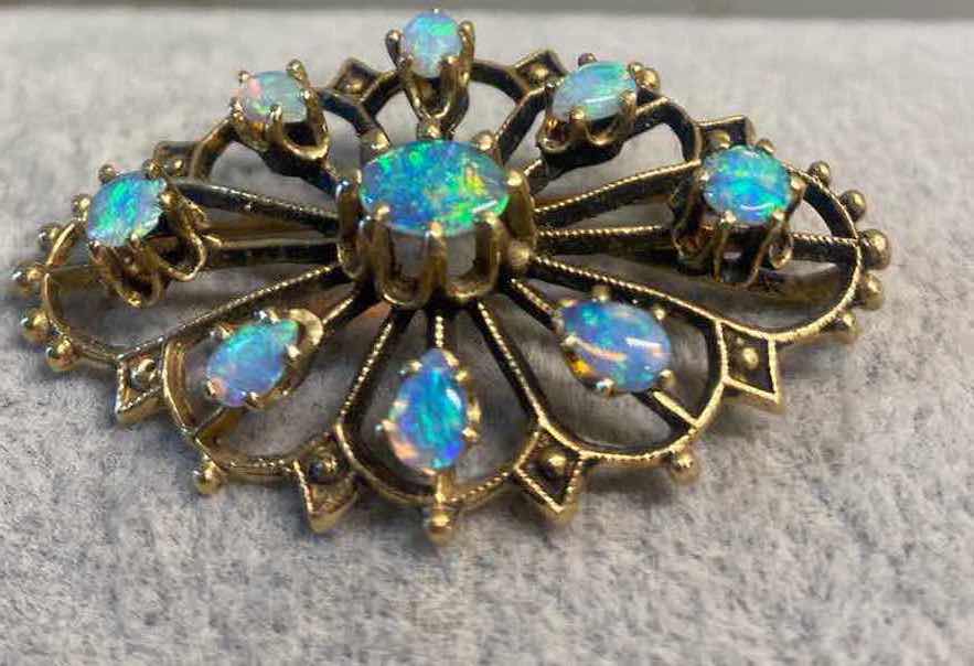 Photo 1 of 10K GOLD BROCHE WITH 9 OPALS 7.8 GRAMS