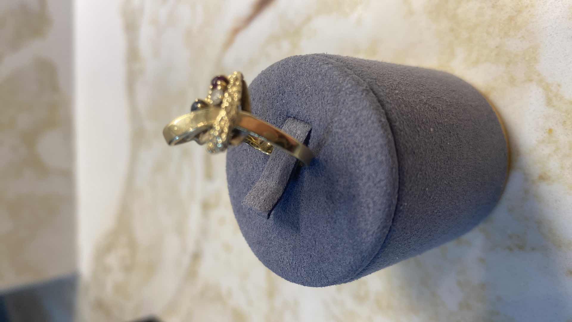 Photo 1 of 14K GOLD RING WITH DIAMONDS, SAPPHIRE & RUBY SIZE 5, 4.4 GRAMS