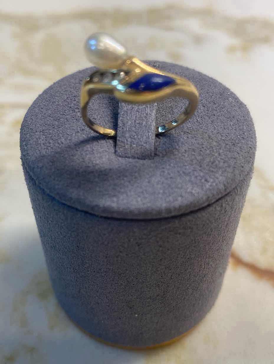 Photo 2 of 14K GOLD RING WITH PEARL, LAPIS & DIAMOND SIZE 4.5, 2.0 GRAMS