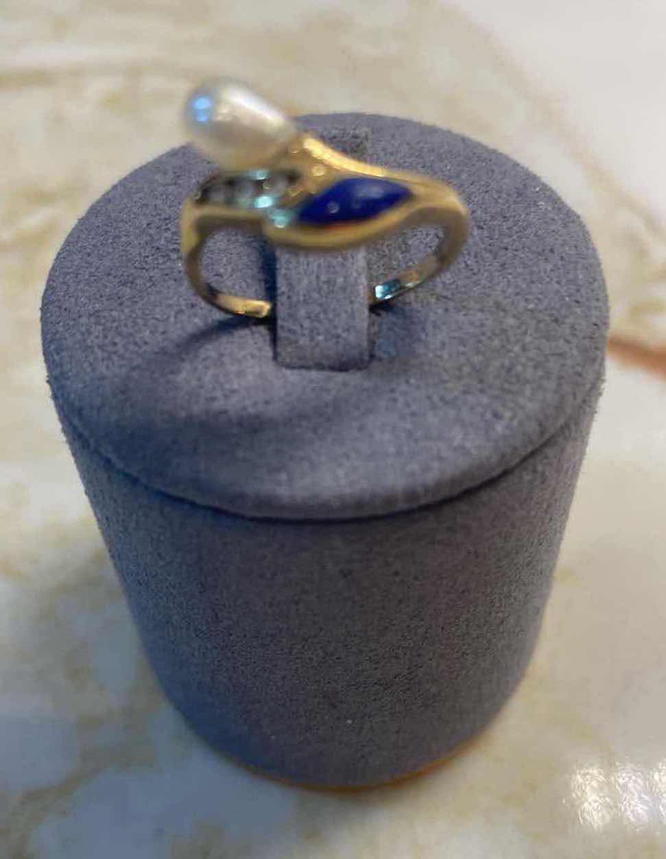 Photo 1 of 14K GOLD RING WITH PEARL, LAPIS & DIAMOND SIZE 4.5, 2.0 GRAMS