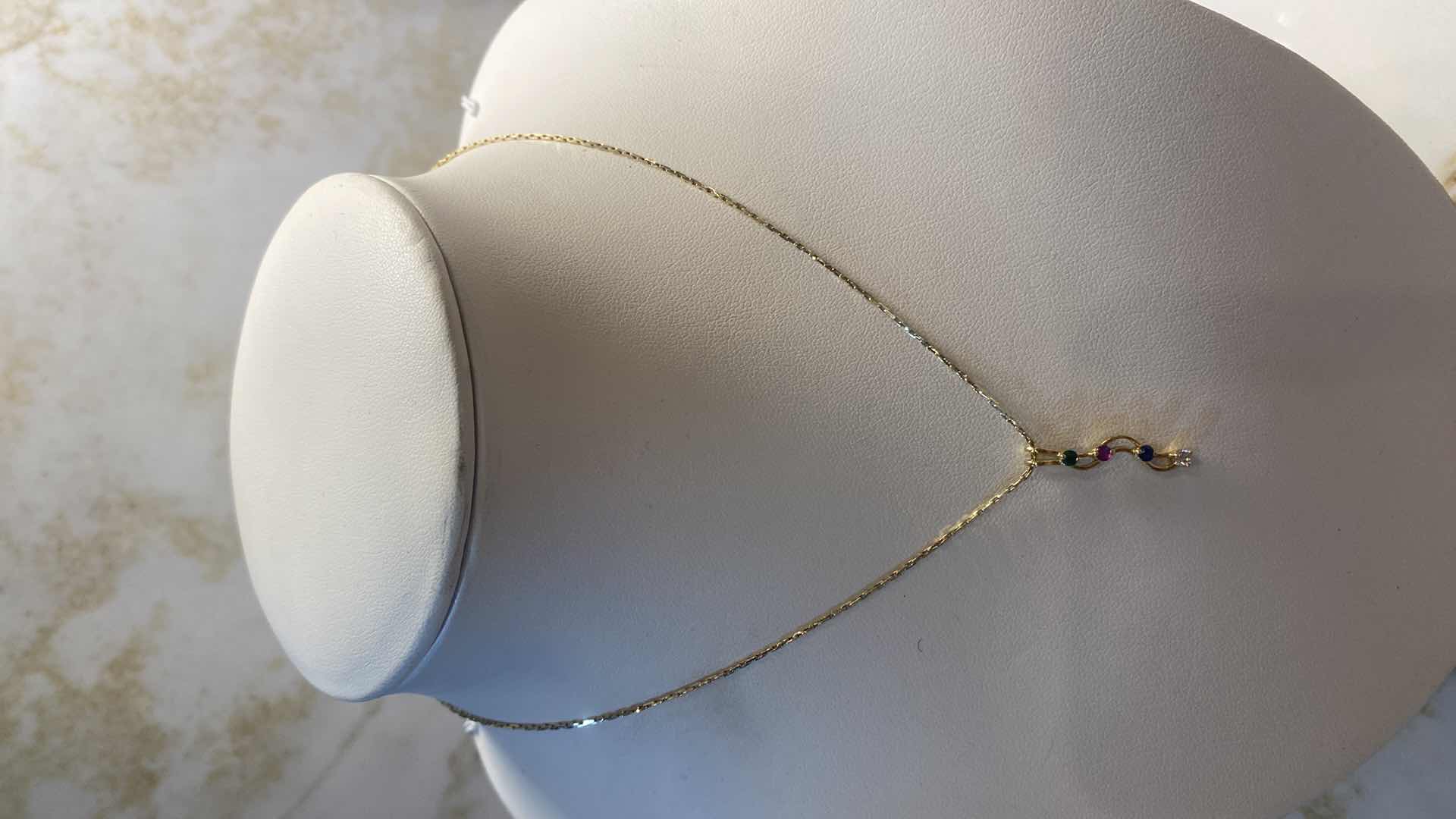 Photo 1 of 14K GOLD 15” CHAIN & PENDANT W/ RUBY, SAPPHIRE & EMERALD 3.5 GRAMS
