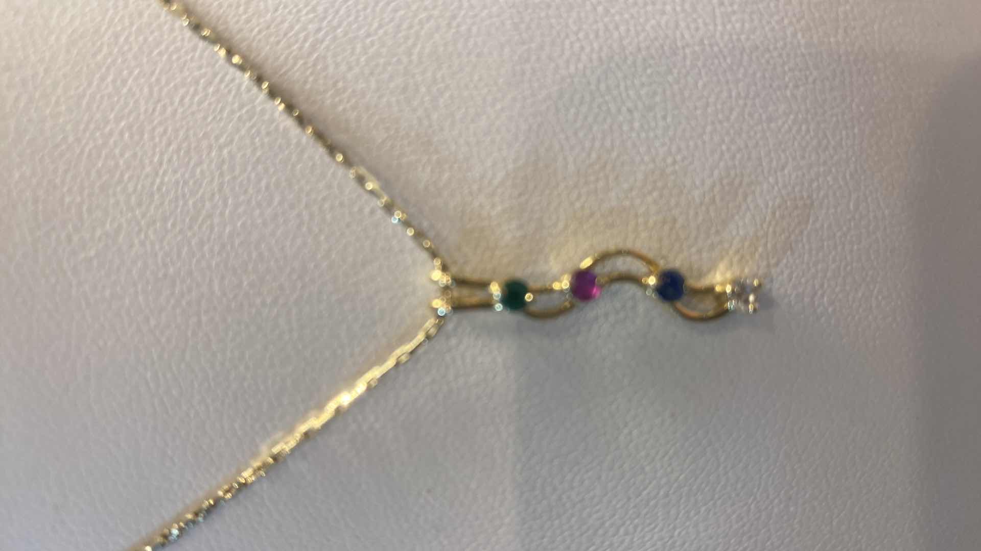 Photo 1 of 14K GOLD 15” CHAIN & PENDANT W/ RUBY, SAPPHIRE & EMERALD 3.5 GRAMS