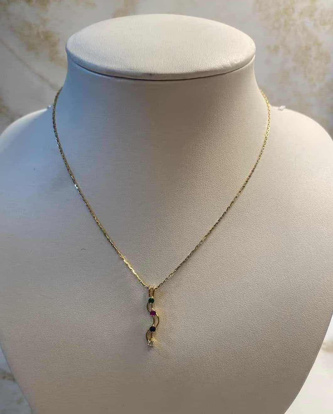 Photo 1 of 14K GOLD 15” CHAIN & PENDANT W/ RUBY, SAPPHIRE & EMERALD 3.5 GRAMS