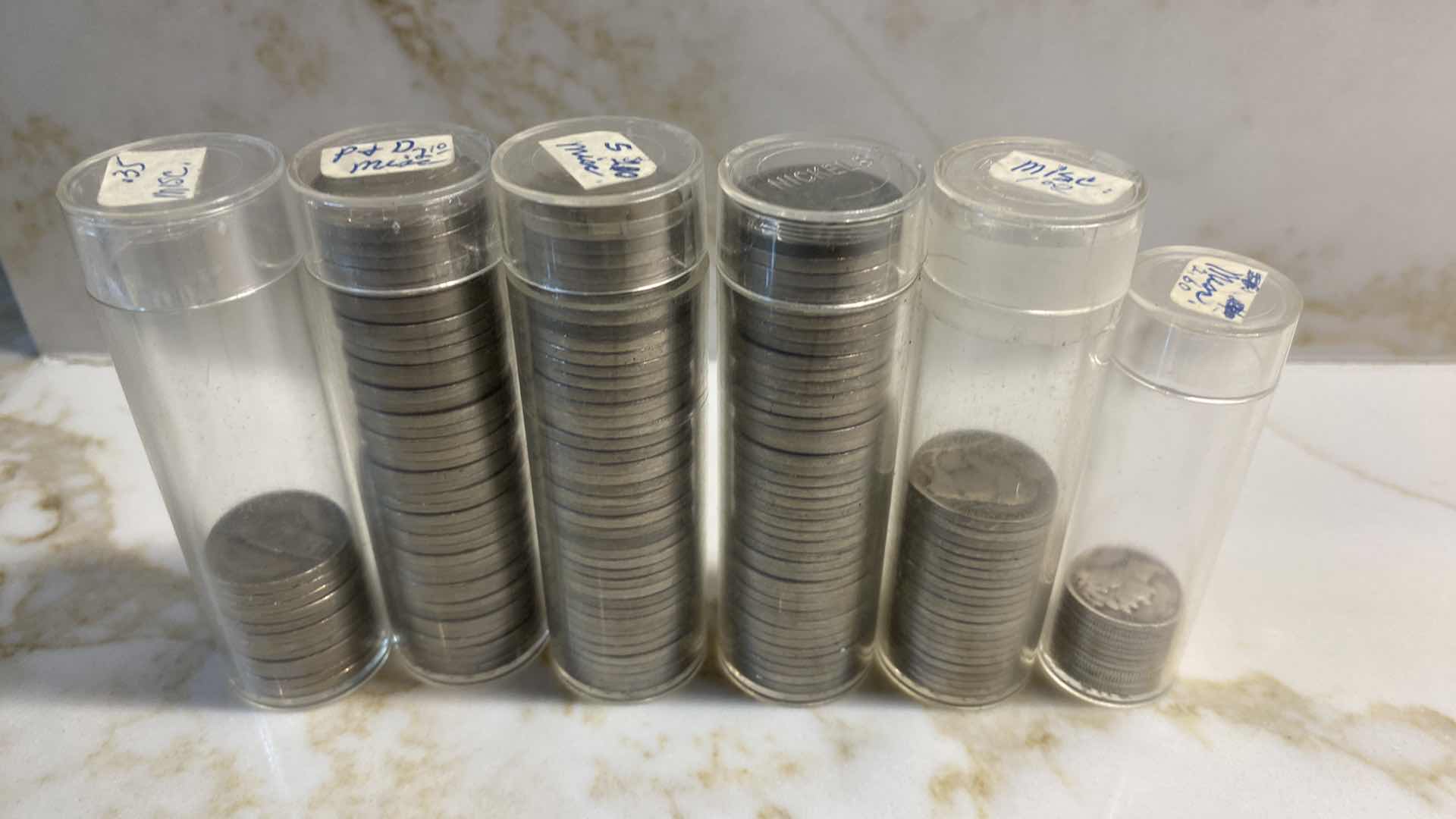 Photo 1 of 6-TUBES OF COINS FROM 1900’s-131 JEFFERSON NICKELS, 12 MERCURY DIMES & 20 BUFFALO NICKELS