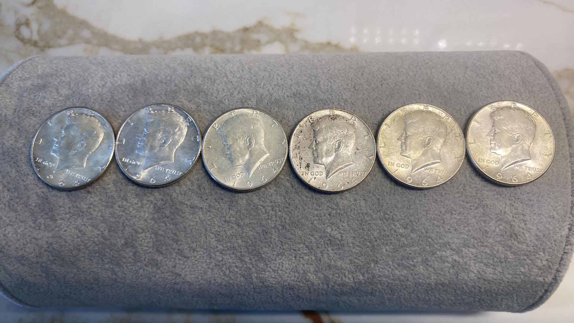 Photo 1 of 6-90% SILVER 1964 KENNEDY HALVES DOLLARS IN PLASTIC TUBE