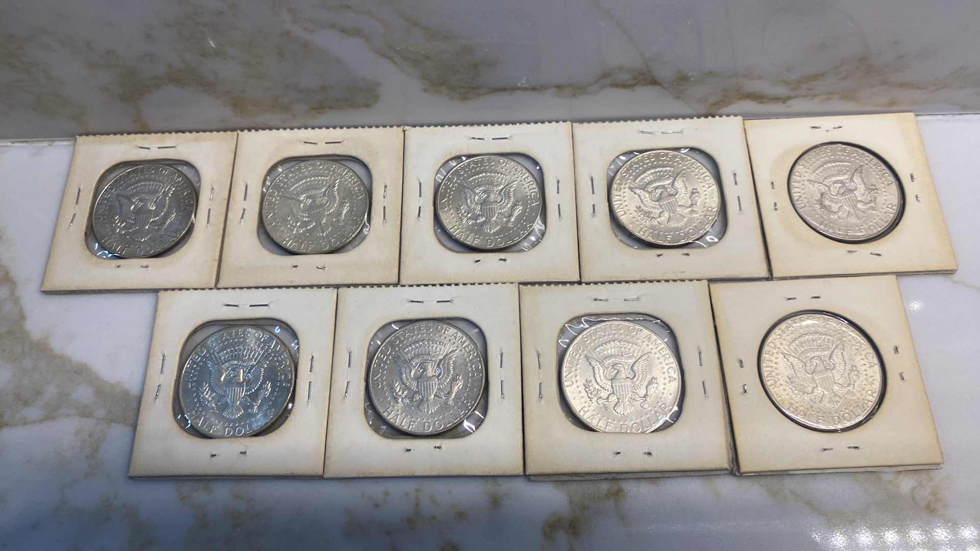 Photo 2 of 9-90% SILVER 1964 KENNEDY HALVES DOLLARS IN CARDBOARD SLIPS