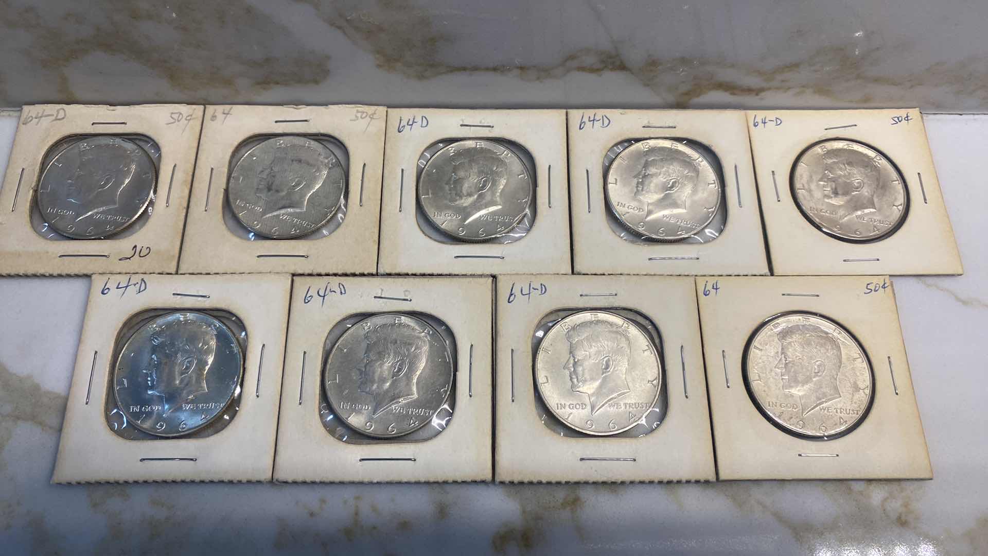 Photo 1 of 9-90% SILVER 1964 KENNEDY HALVES DOLLARS IN CARDBOARD SLIPS