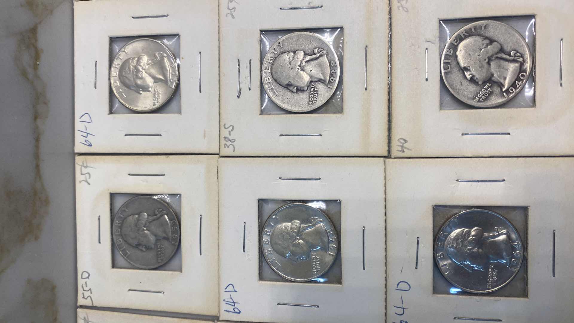 Photo 1 of 15-90% SILVER QUARTERS IN CARDBOARD SLIPS VARIOUS YEARS