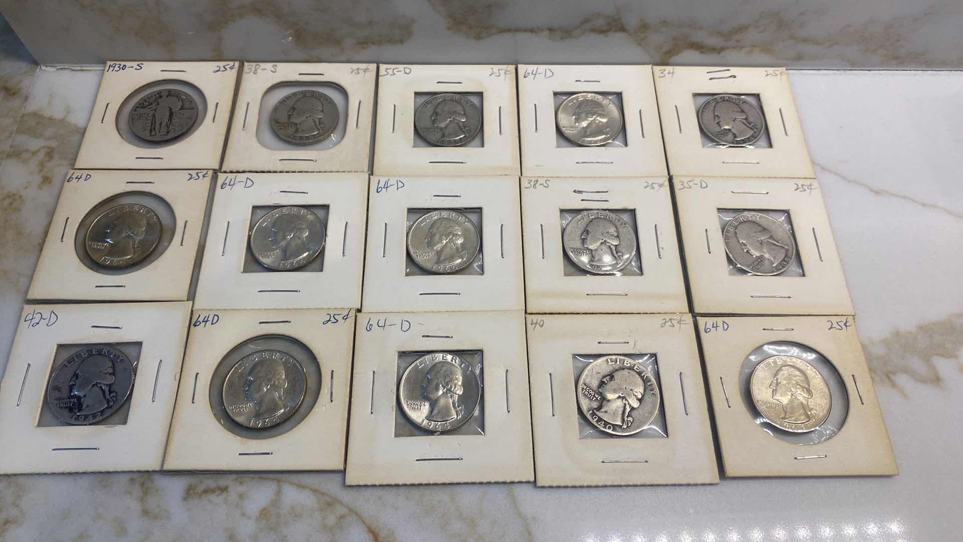 Photo 1 of 15-90% SILVER QUARTERS IN CARDBOARD SLIPS VARIOUS YEARS