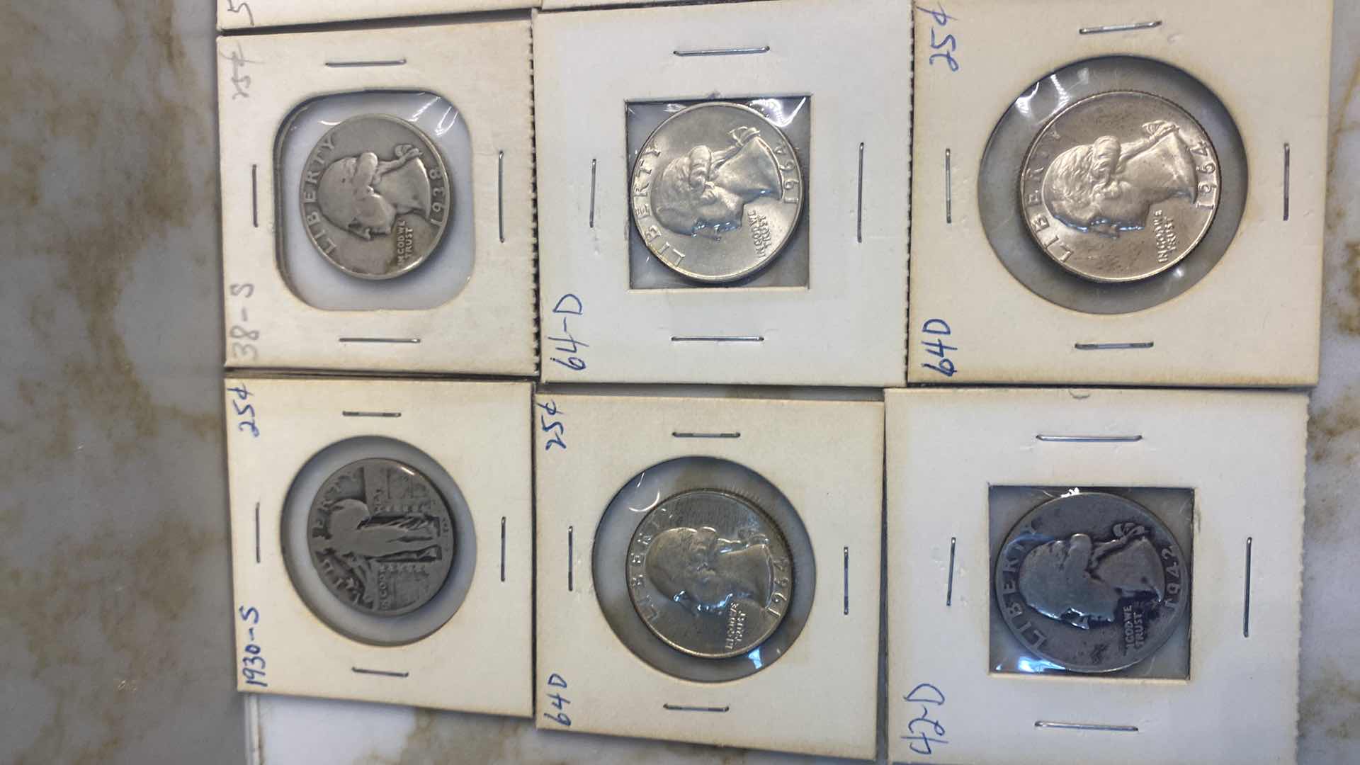 Photo 1 of 15-90% SILVER QUARTERS IN CARDBOARD SLIPS VARIOUS YEARS