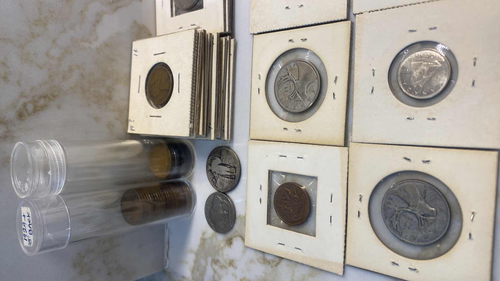 Photo 1 of COINS-20 WHEAT PENNIES, 20 OLD PENNIES, 4 OLD NICKELS, 3 SILVER DIMES, 13 FOREIGN COINS & 1 90% SILVER QUARTERS & BUFFALO NICKEL